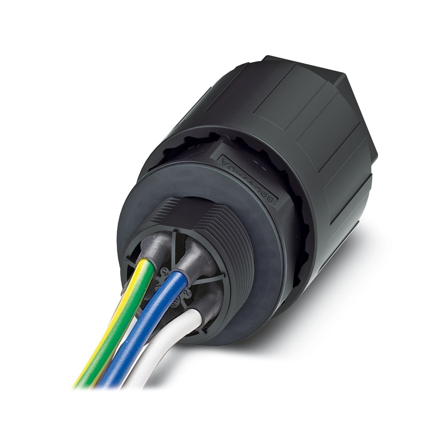 QUICKON panel feed-through, 4+PE-pos., 2.5 mm 2 ... 6.0 mm 2 /690 V/40 A, with QUICKON nut, black, for cable diameter of 12 mm ... 20 mm, M25 connection thread with 5 welded-on 6.0 mm 2 cable wires, 0.5 m long, cut flat at the end.