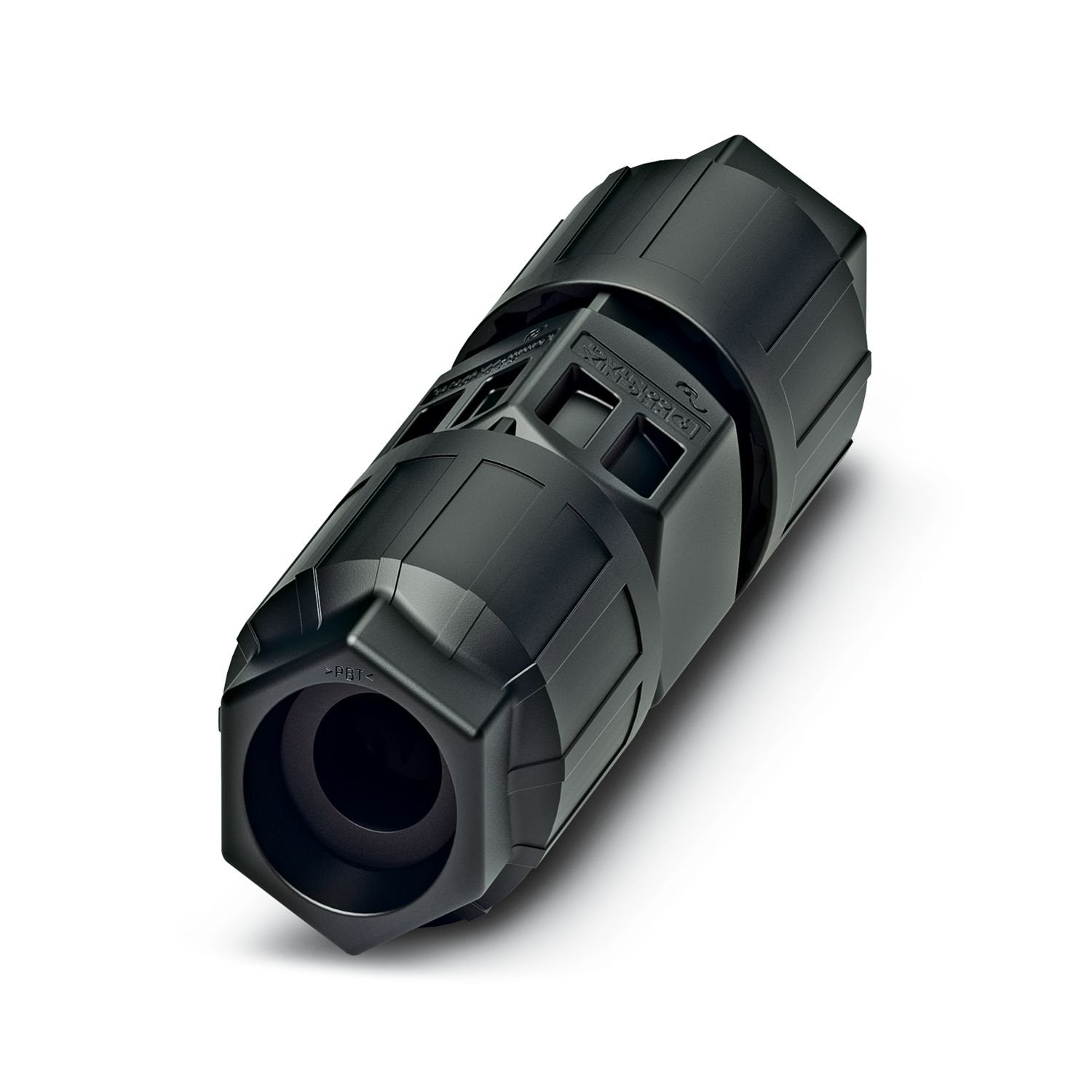 Conductor connector, connection method: IDC connection, number of positions: 3+PE, 0.5 mm 2 ... 1.5 mm 2 , 690 V, 17.5 A, PA, black, With two QUICKON nuts, coding: Coding profile, external cable diameter: 5 mm ... 7 mm and 7 mm ... 9.5 mm