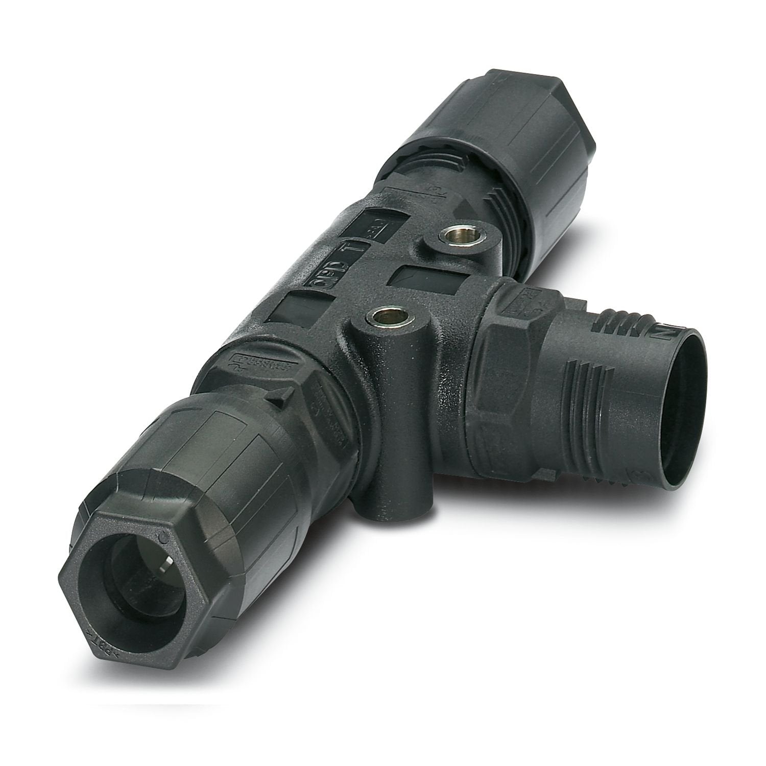 QUICKON T-distributor, black, 4+PE-pos., 1.0 mm 2 ... 2.5 mm 2 /690 V/20 A, for cable diameter of 9 mm ... 16 mm, with two QUICKON nuts