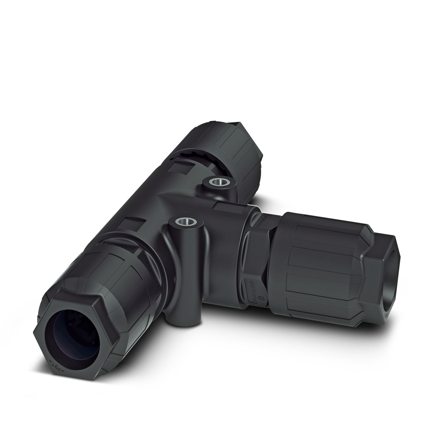 QUICKON T-distributor, black, 4+PE-pos., 2.5 mm 2 ... 6.0 mm 2 /690 V/40 A, for cable diameter of 9 mm ... 14 mm, with three QUICKON nuts