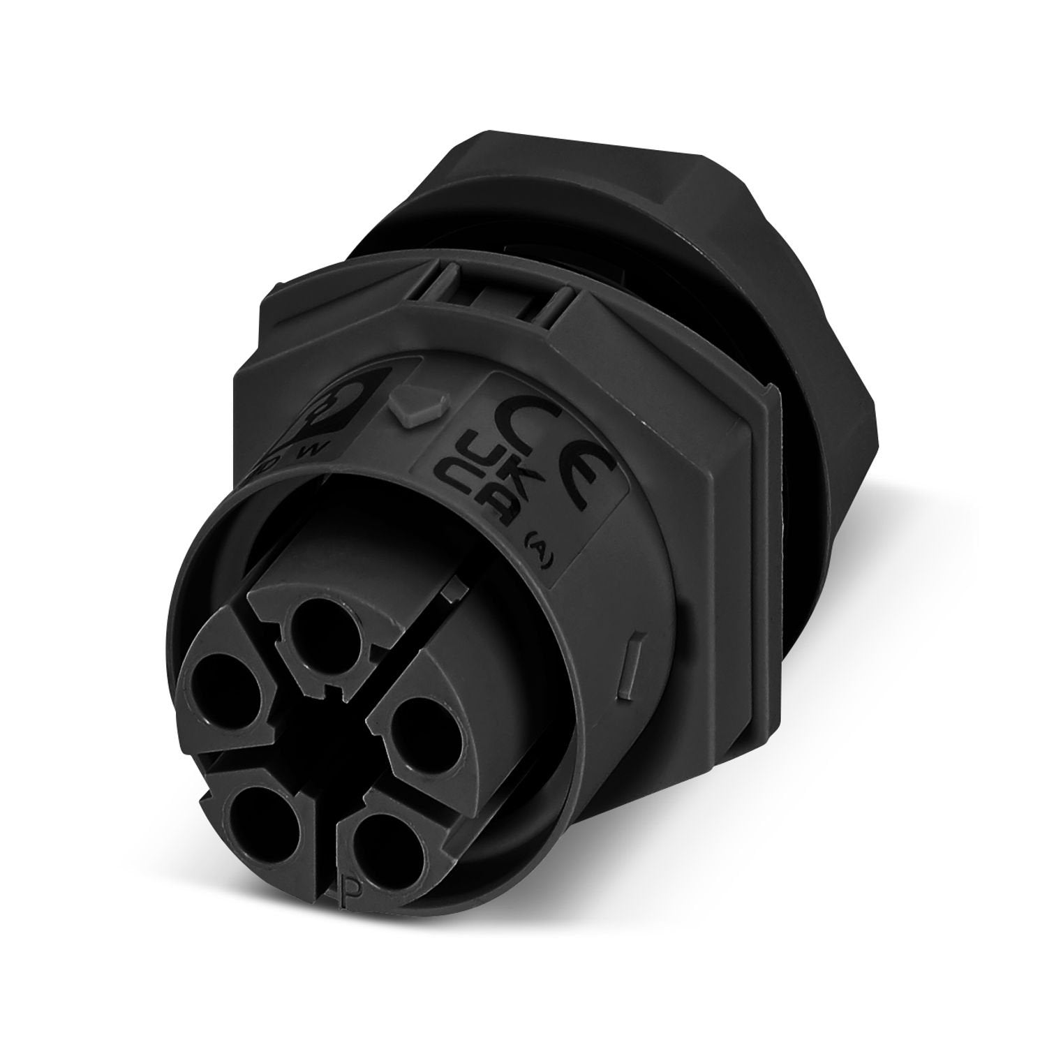 Panel feed-through, for connectors, connection method: Push-in connection, number of positions: 4+PE, M25, Socket, 0.5 mm 2 ... 2.5 mm 2 , 600 V, 17.5 A, PA, black, coding: P