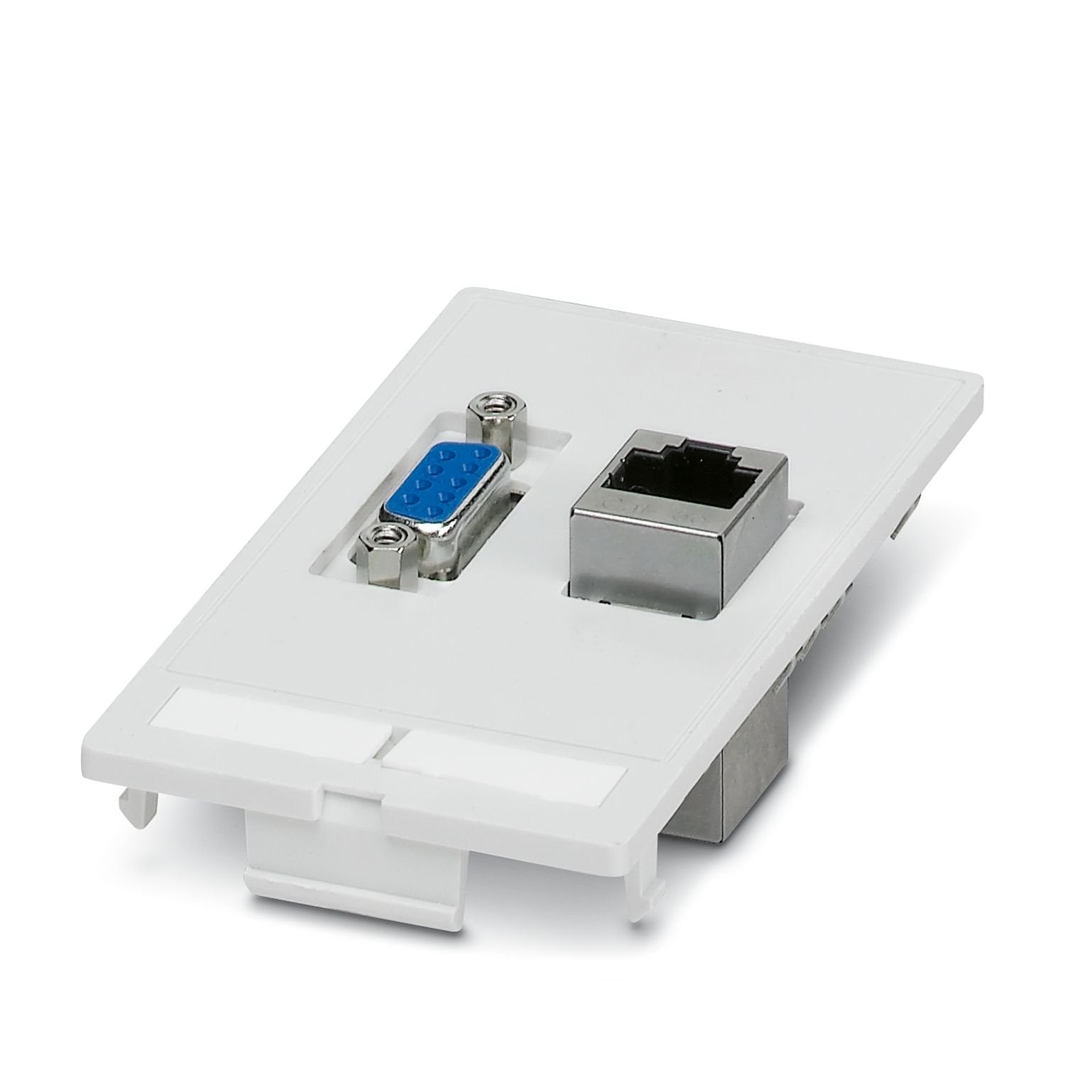 Front plate with contact inserts, plastic with shroud, 1 x RJ45, 8-pos. metal, CAT5e (socket/socket); 1 x 9-pos. D-SUB (socket/socket)