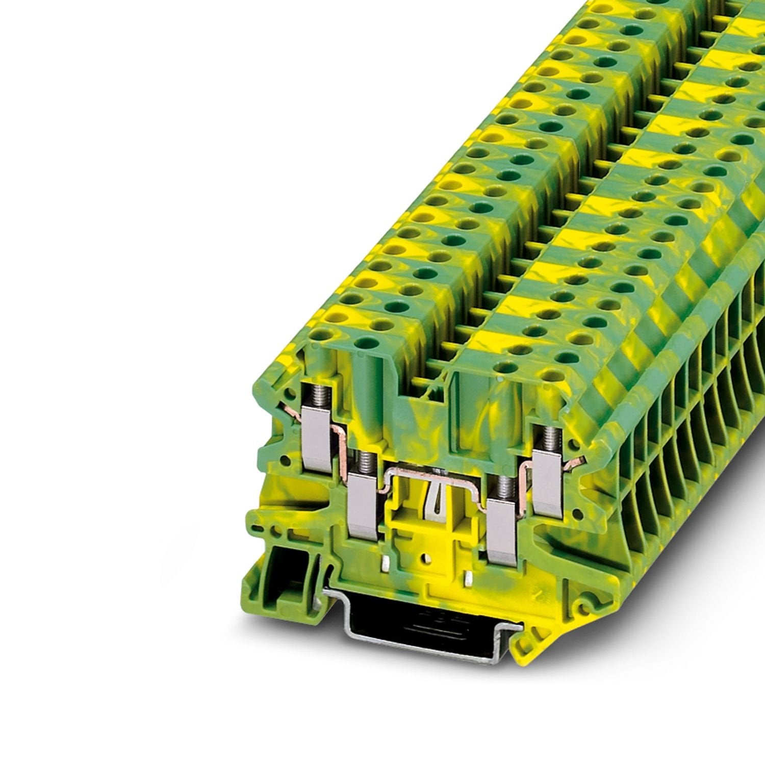 Protective conductor terminal block, number of connections: 4, connection method: Screw connection, 1 level, cross section: 0.14 mm 2 - 6 mm 2 , mounting type: NS 35/7,5, NS 35/15, color: green-yellow