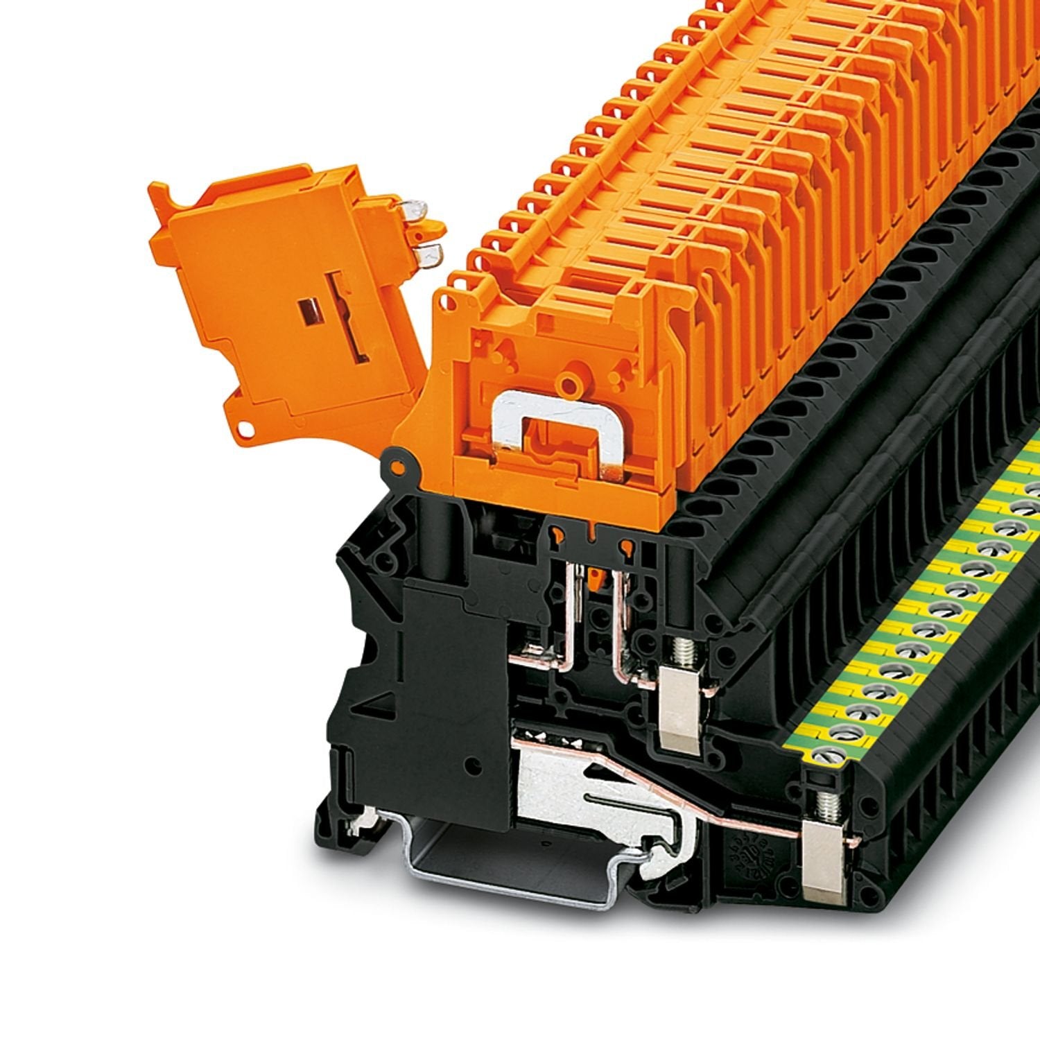 Lever-type disconnect terminal block, nom. voltage: 500 V, nominal current: 20 A, connection method: Screw connection, Rated cross section: 2.5 mm 2 , cross section: 0.14 mm 2 - 6 mm 2 , mounting: NS 35/7,5, NS 35/15, color: black/orange