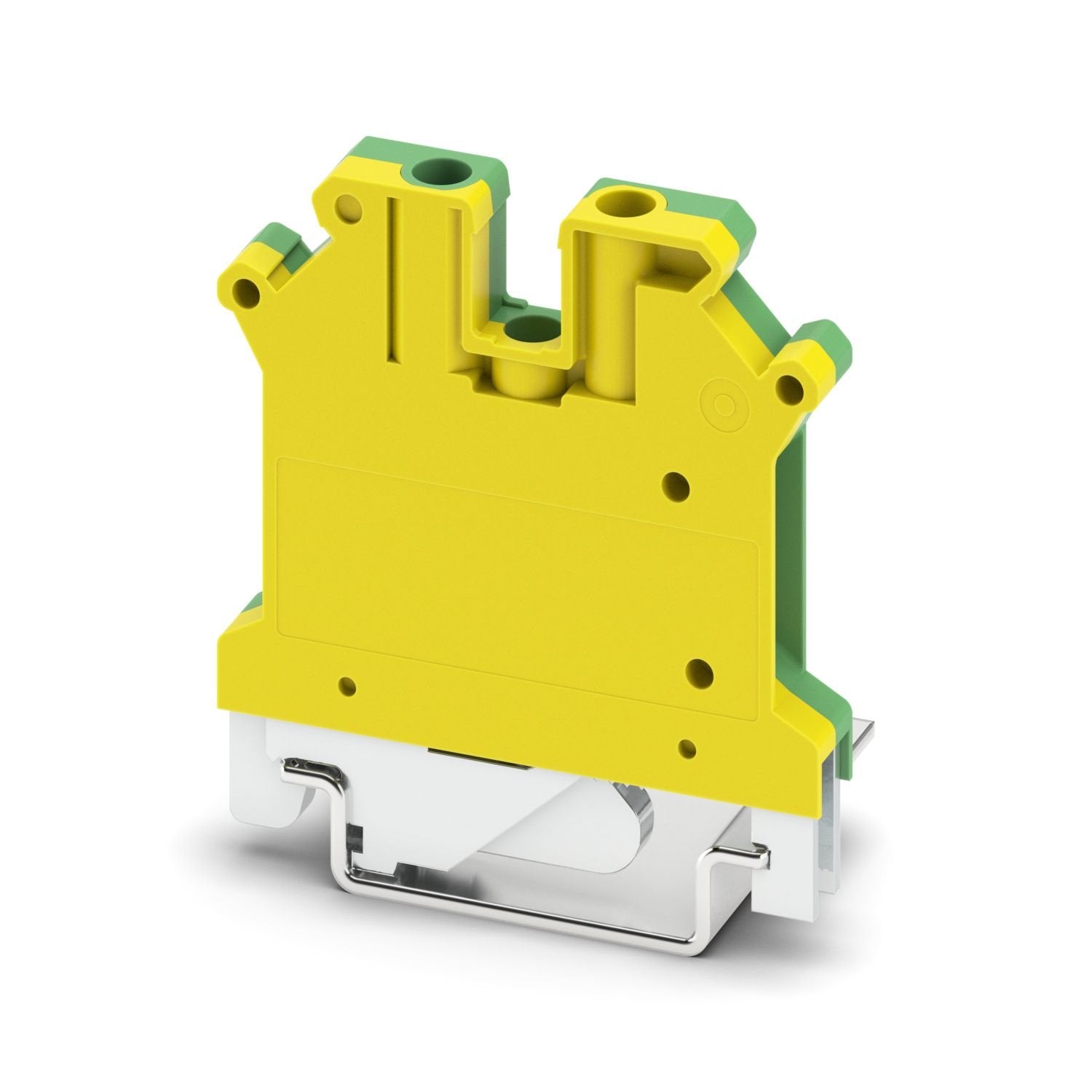 Protective conductor terminal block, When aligning with a feed-through terminal block with the same shape, an end cover must be interposed with insulation voltages of > 690 V, number of connections: 2, connection method: Screw connection, Rated cross section: 4 mm 2 , cross section: 0.2 mm 2 - 6 mm 2 , mounting method: PE foot with mounting screw, M3, mounting type: NS 35/7,5, NS 35/15, NS 32, color: green-yellow