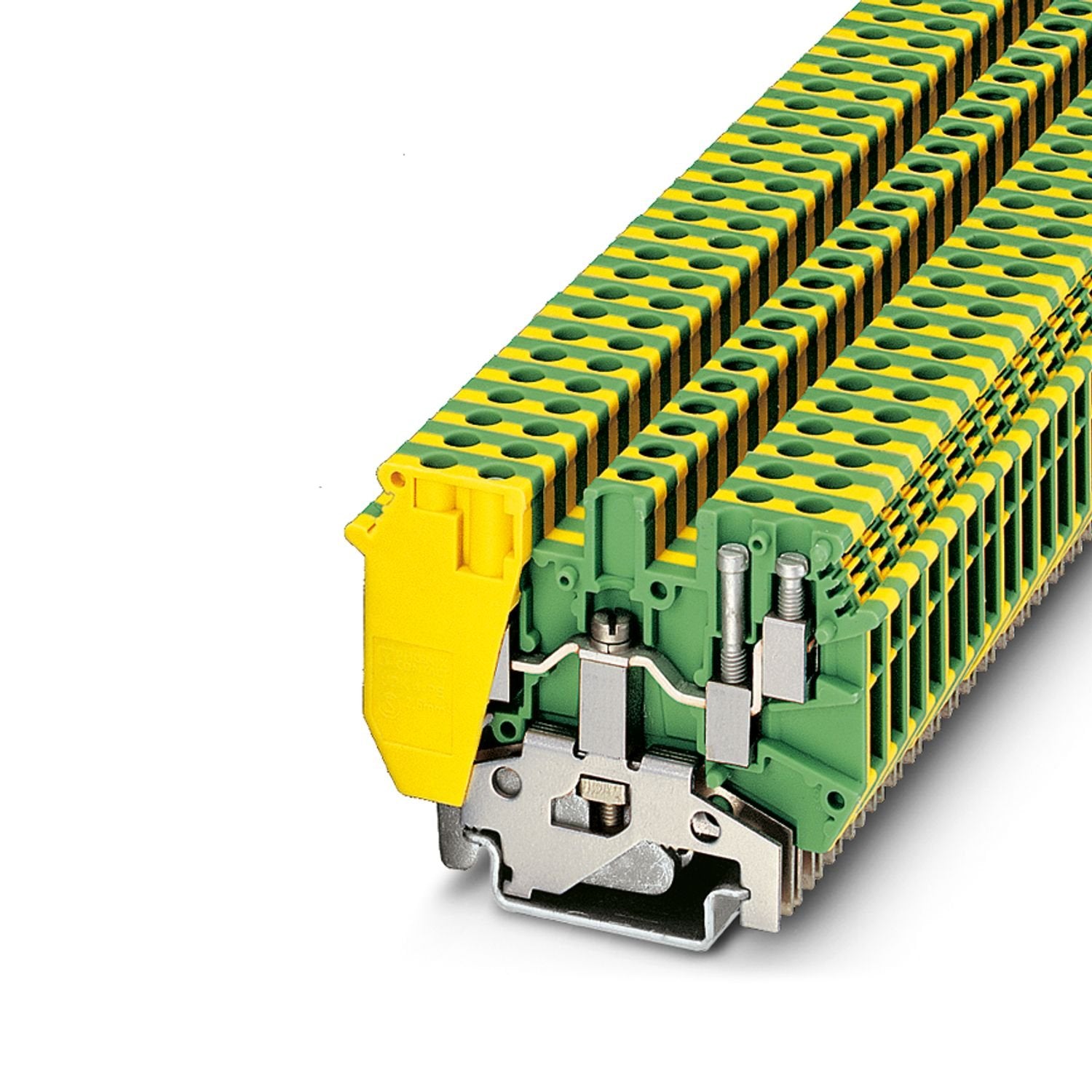 Protective conductor terminal block, double connection on each side, number of connections: 4, number of positions: 1, connection method: Screw connection, 1 level, cross section: 0.2 mm 2 - 6 mm 2 , mounting method: PE foot with mounting screw, M3, mounting type: NS 35/7,5, NS 35/15, NS 32, color: green-yellow
