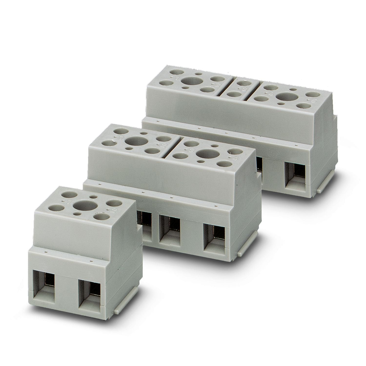 Device terminal block, nom. voltage: 800 V, nominal current: 57 A, number of connections: 6, number of positions: 3, connection method: Screw connection, Rated cross section: 10 mm 2 , cross section: 0.5 mm 2 - 16 mm 2 , mounting type: direct screw connection, color: gray