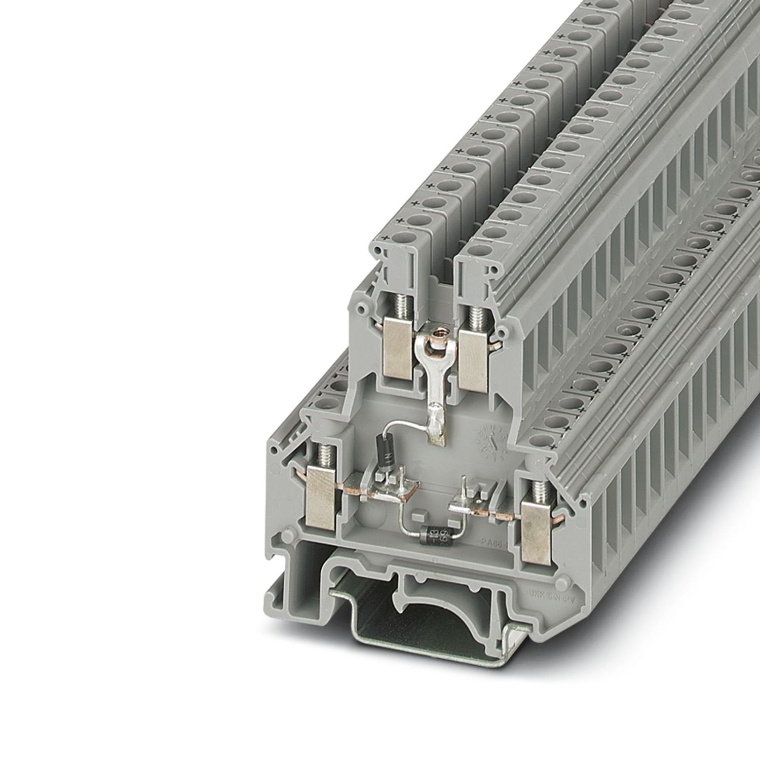 Component terminal block, The max. current is determined by the diode. Installed: Diode 1N 4007, reverse voltage: 1300 V, maximum continuous current: 0.5 A., with integrated diode, nominal current: 0.5 A, connection method: Screw connection, 1st and 2nd level, Rated cross section: 4 mm 2 , cross section: 0.2 mm 2 - 4 mm 2 , mounting type: NS 35/7,5, NS 35/15, NS 32, color: gray