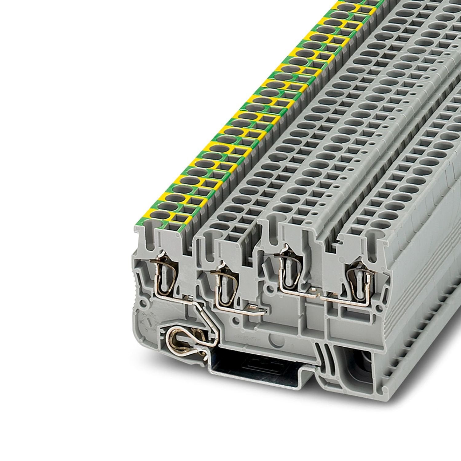 Installation protective conductor terminal block, nom. voltage: 250 V, nominal current: 18 A, number of connections: 4, connection method: Spring-cage connection, Rated cross section: 2.5 mm 2 , cross section: 0.08 mm 2 - 4 mm 2 , mounting type: NS 35/7,5, NS 35/15, color: gray
