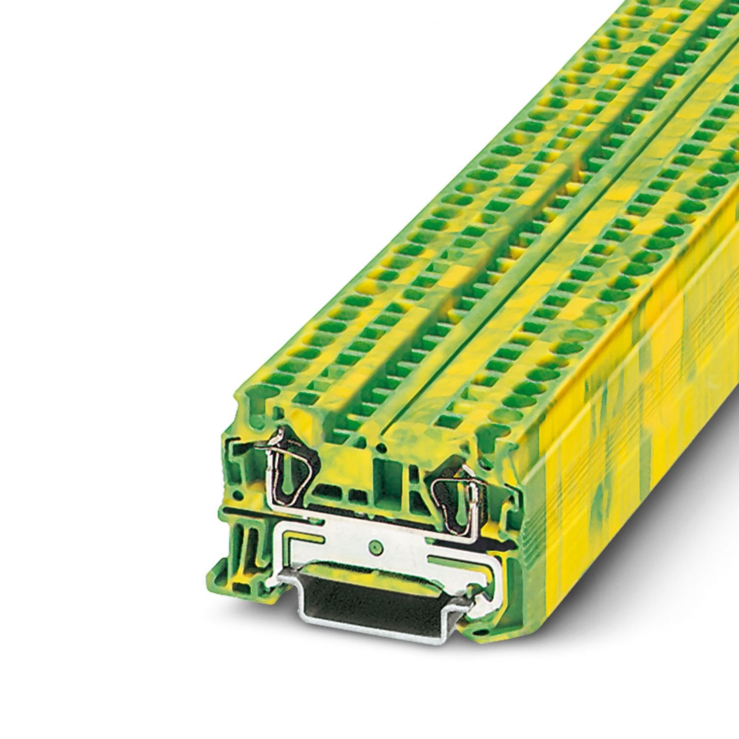 Spring-cage protective conductor terminal block, number of connections: 2, connection method: Spring-cage connection, Rated cross section: 4 mm 2 , cross section: 0.08 mm 2 - 6 mm 2 , mounting type: NS 35/7,5, NS 35/15, color: green-yellow