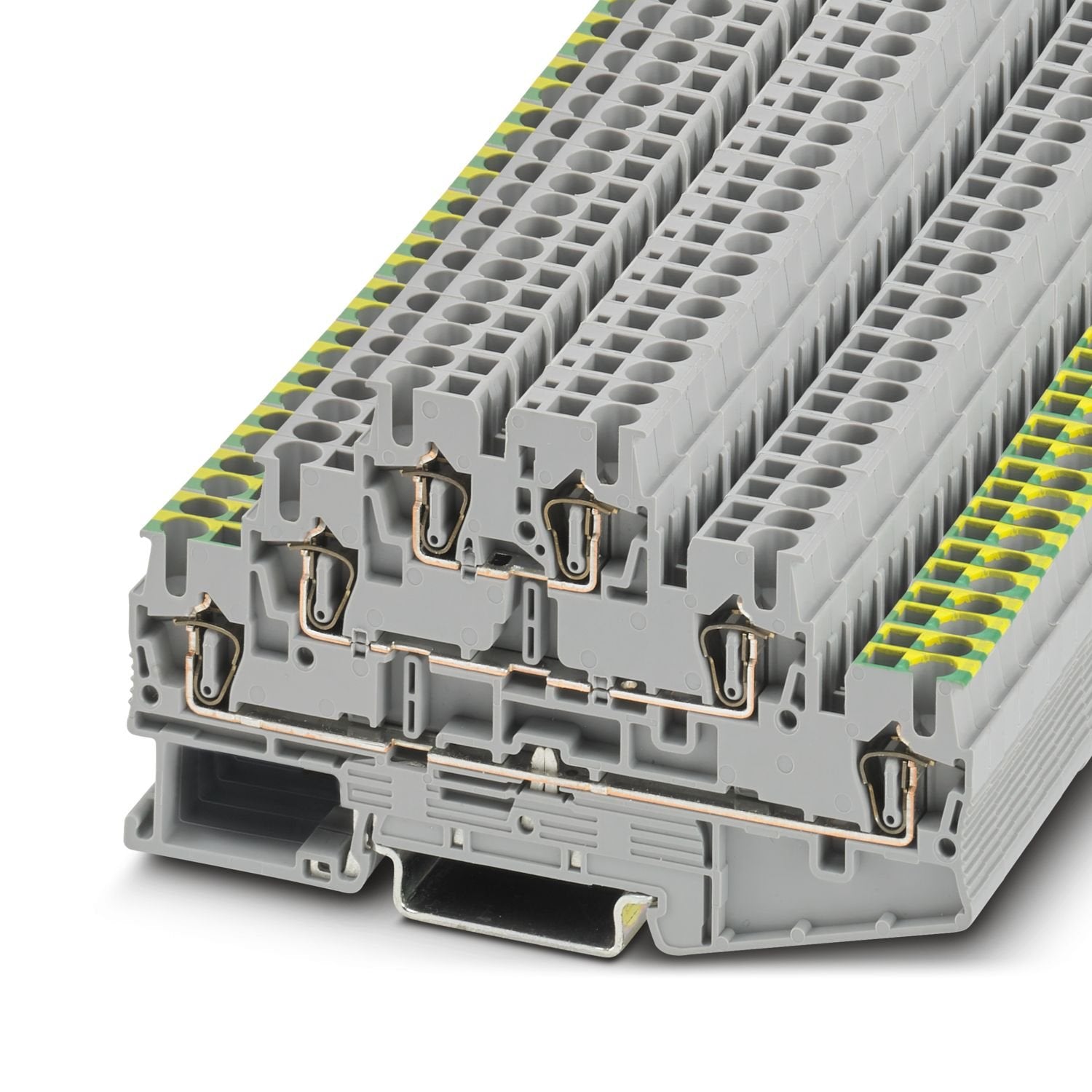 Multi-level terminal block, nom. voltage: 500 V, nominal current: 22 A, number of connections: 6, connection method: Spring-cage connection, Rated cross section: 2.5 mm 2 , 1st, 2nd and 3rd level, cross section: 0.08 mm 2 - 4 mm 2 , mounting type: NS 35/7,5, NS 35/15, color: gray
