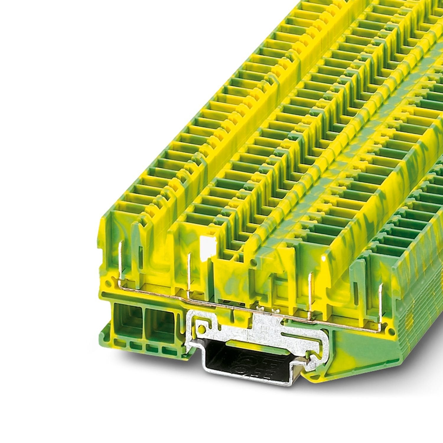 Spring-cage protective conductor terminal block, number of connections: 4, connection method: Plug-in connection, 1 level, cross section: 0.08 mm 2 - 4 mm 2 , mounting type: NS 35/7,5, NS 35/15, color: green-yellow