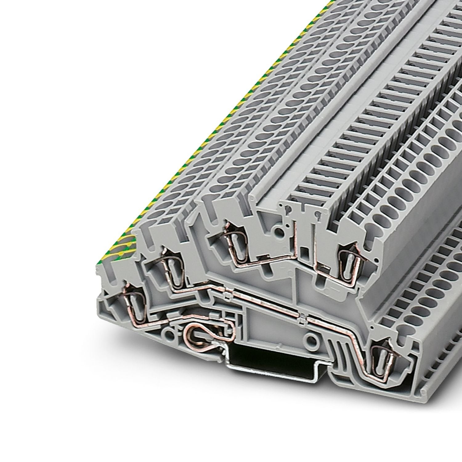 Installation protective conductor terminal block, nom. voltage: 400 V, nominal current: 24 A, Spring-cage connection, 1st and 2nd level, Rated cross section: 2.5 mm 2 , cross section: 0.08 mm 2 - 4 mm 2 , Rated cross section: 2.5 mm 2 , mounting type: NS 35/7,5, NS 35/15, color: gray