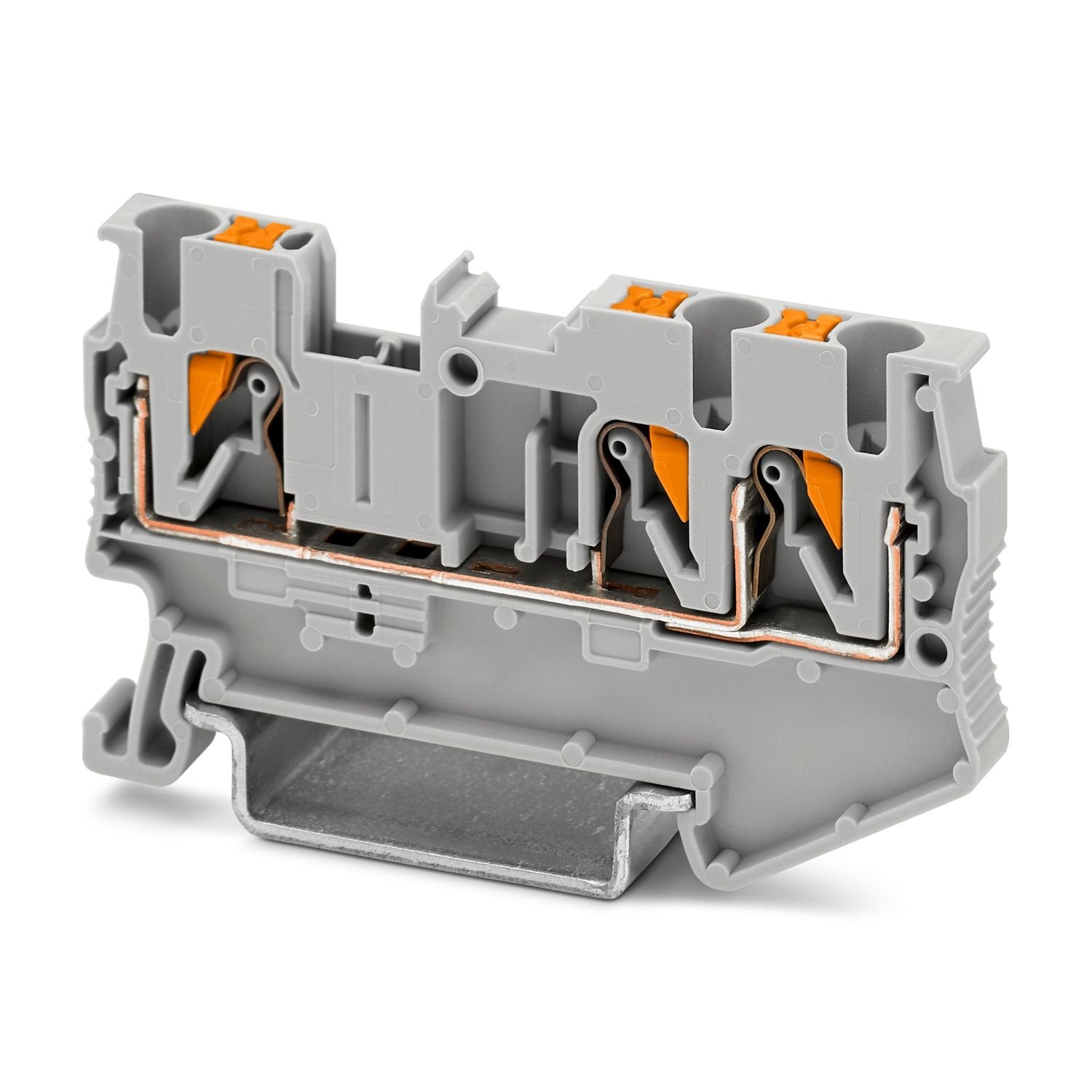 Feed-through terminal block, nom. voltage: 800 V, nominal current: 24 A, number of connections: 3, connection method: Push-in connection, Rated cross section: 2.5 mm 2 , cross section: 0.14 mm 2 - 4 mm 2 , mounting type: NS 35/7,5, NS 35/15, color: gray