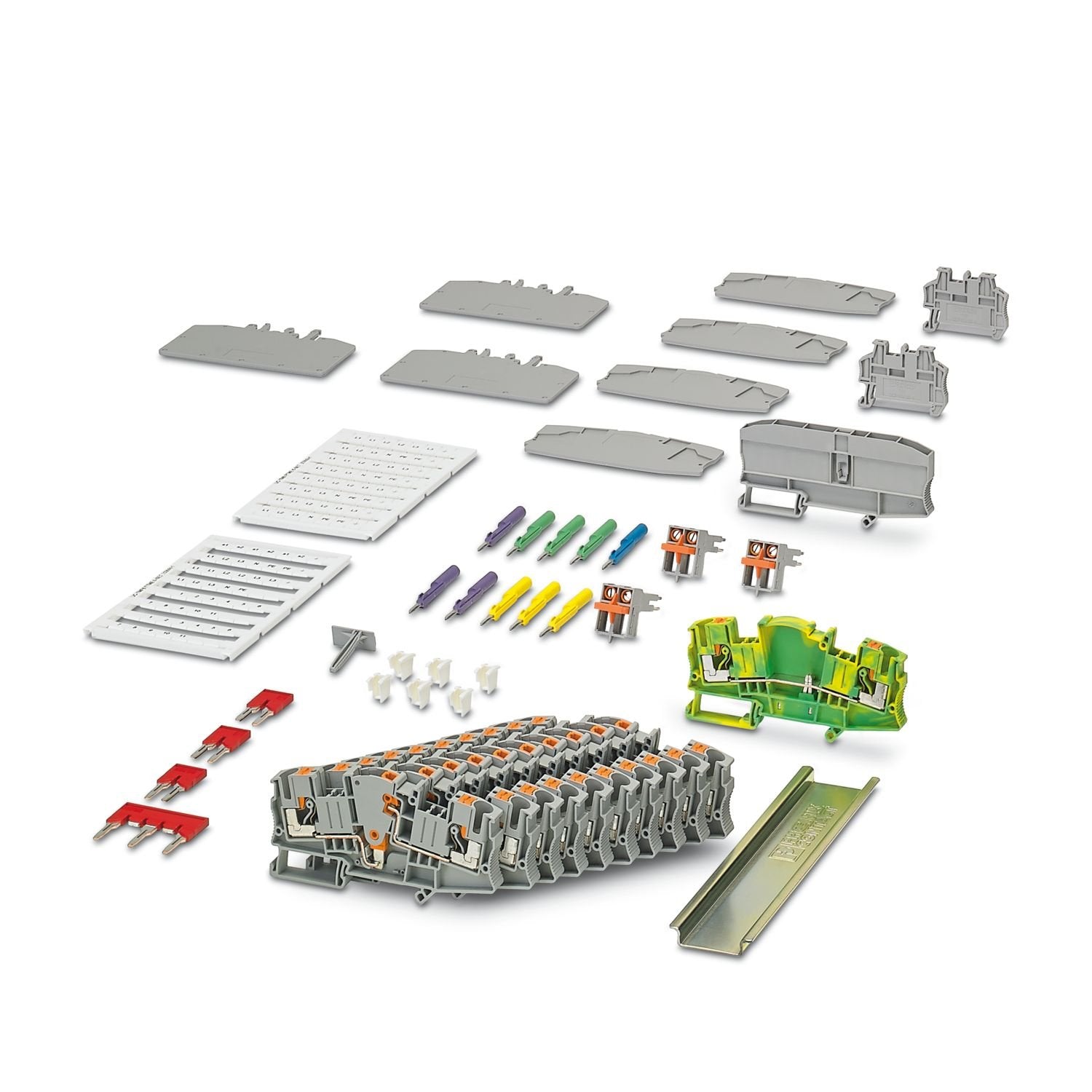 Starter kit, consisting of test disconnect terminal blocks with push-in connection technology, marking material, bridging and test accessories. A terminal strip for a three-phase transformer circuit (current and voltage) can be configured individually.