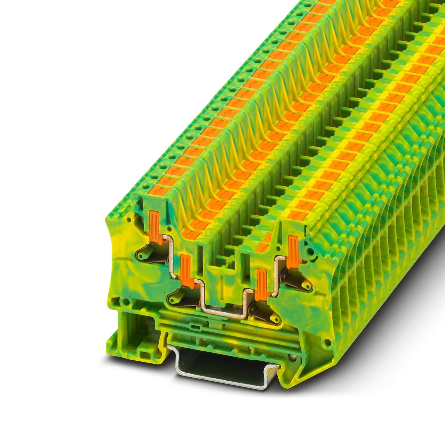 Protective conductor terminal block, number of connections: 4, connection method: Push-in connection, 1 level, Rated cross section: 4 mm 2 , cross section: 0.2 mm 2 - 6 mm 2 , mounting type: NS 35/7,5, NS 35/15, color: green/yellow