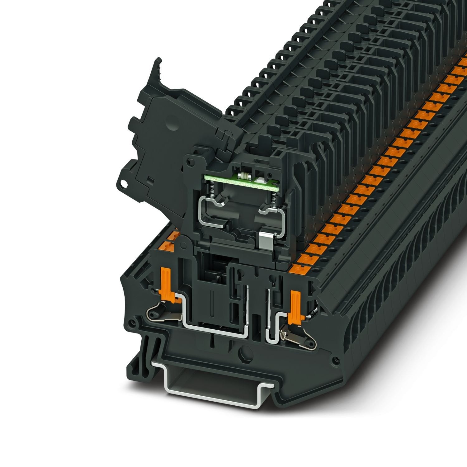 Fuse modular terminal block, fuse type: Glass / ceramics / ..., fuse type: G / 5 x 20, nom. voltage: 24 V, nominal current: 6.3 A, connection method: Push-in connection, 1 level, Rated cross section: 4 mm 2 , cross section: 0.2 mm 2 - 6 mm 2 , mounting type: NS 35/7,5, NS 35/15, color: black