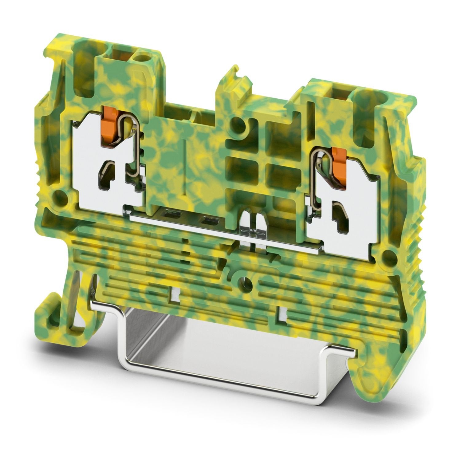 Protective conductor terminal block, number of connections: 2, number of positions: 1, connection method: Push-X-connection, Rated cross section: 1.5 mm 2 , cross section: 0.25 mm 2 - 1.5 mm 2 , mounting type: NS 35/7,5, NS 35/15, color: green-yellow