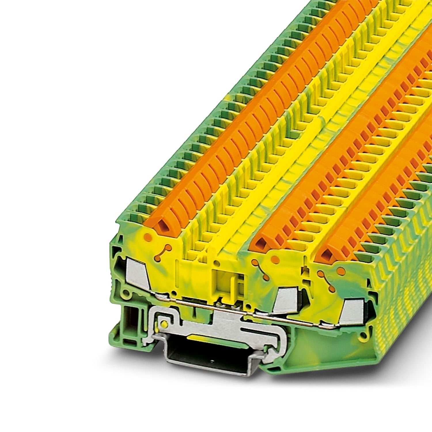 Protective conductor terminal block, number of connections: 3, connection method: Quick connection, cross section: 0.5 mm 2 - 2.5 mm 2 , mounting type: NS 35/7,5, NS 35/7,5, color: green-yellow