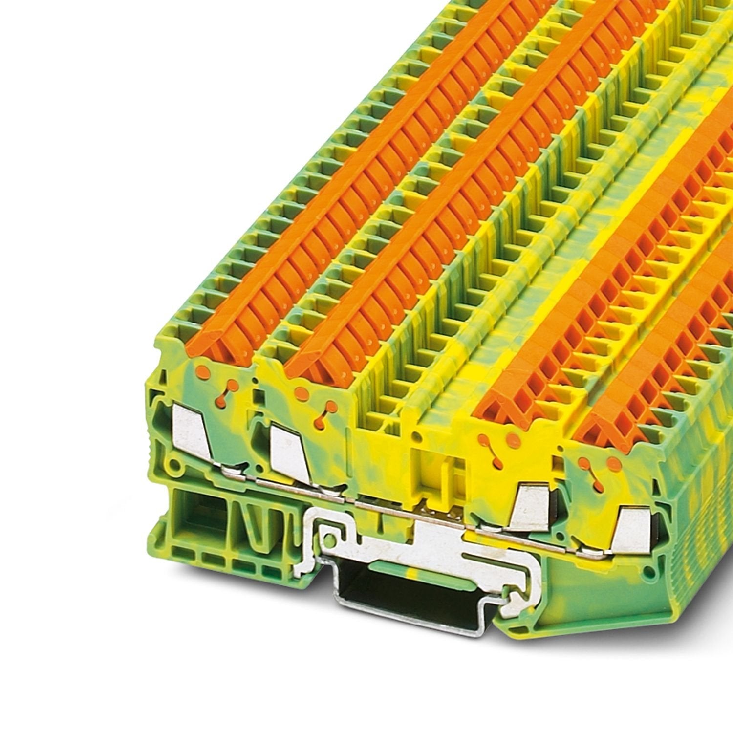 Protective conductor terminal block, number of connections: 4, connection method: Quick connection, 1 level, cross section: 0.25 mm 2 - 1.5 mm 2 , mounting type: NS 35/7,5, NS 35/7,5, color: green-yellow