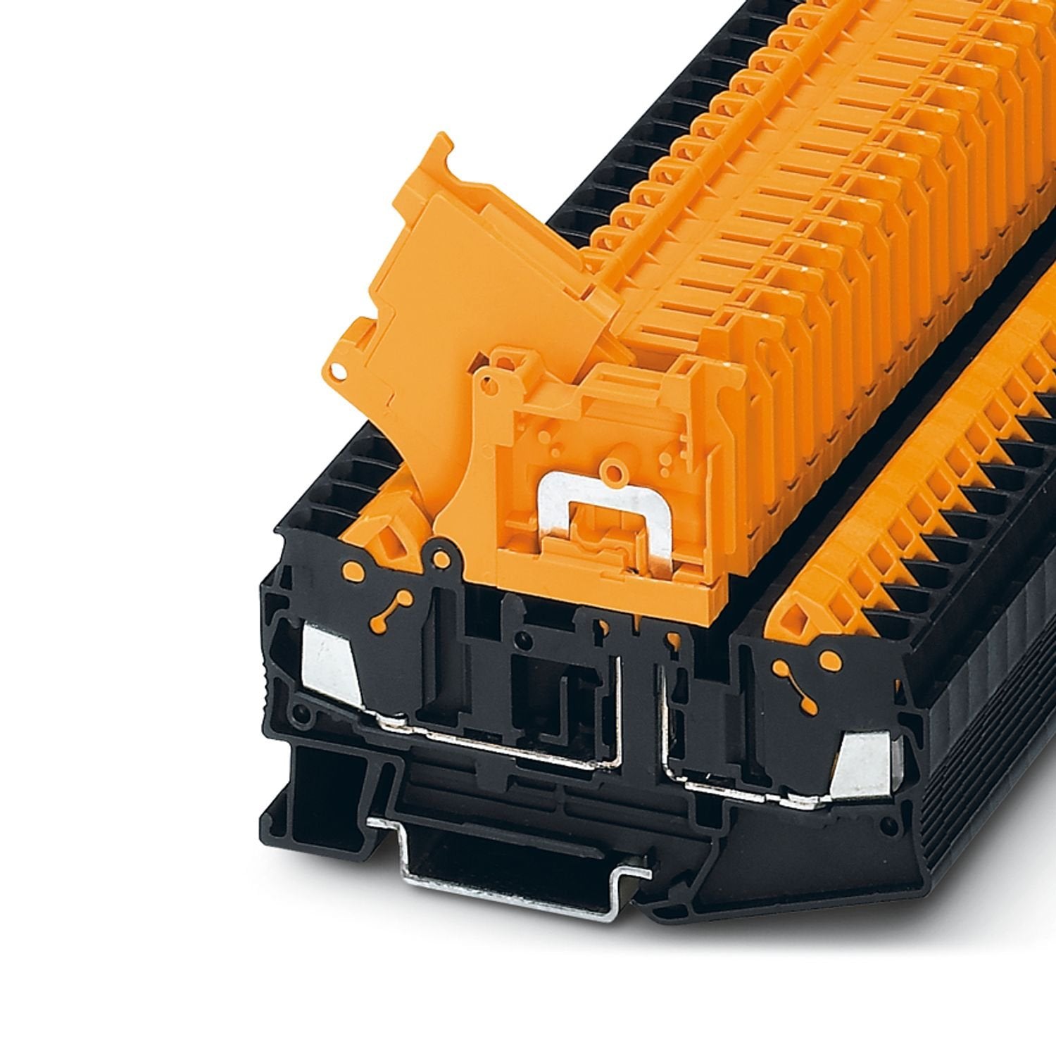 Lever-type disconnect terminal block, nom. voltage: 500 V, nominal current: 20 A, number of connections: 2, connection method: Quick connection, Rated cross section: 2.5 mm 2 , 1 level, cross section: 0.5 mm 2 - 2.5 mm 2 , mounting type: NS 35/7,5, NS 35/15, color: black/orange