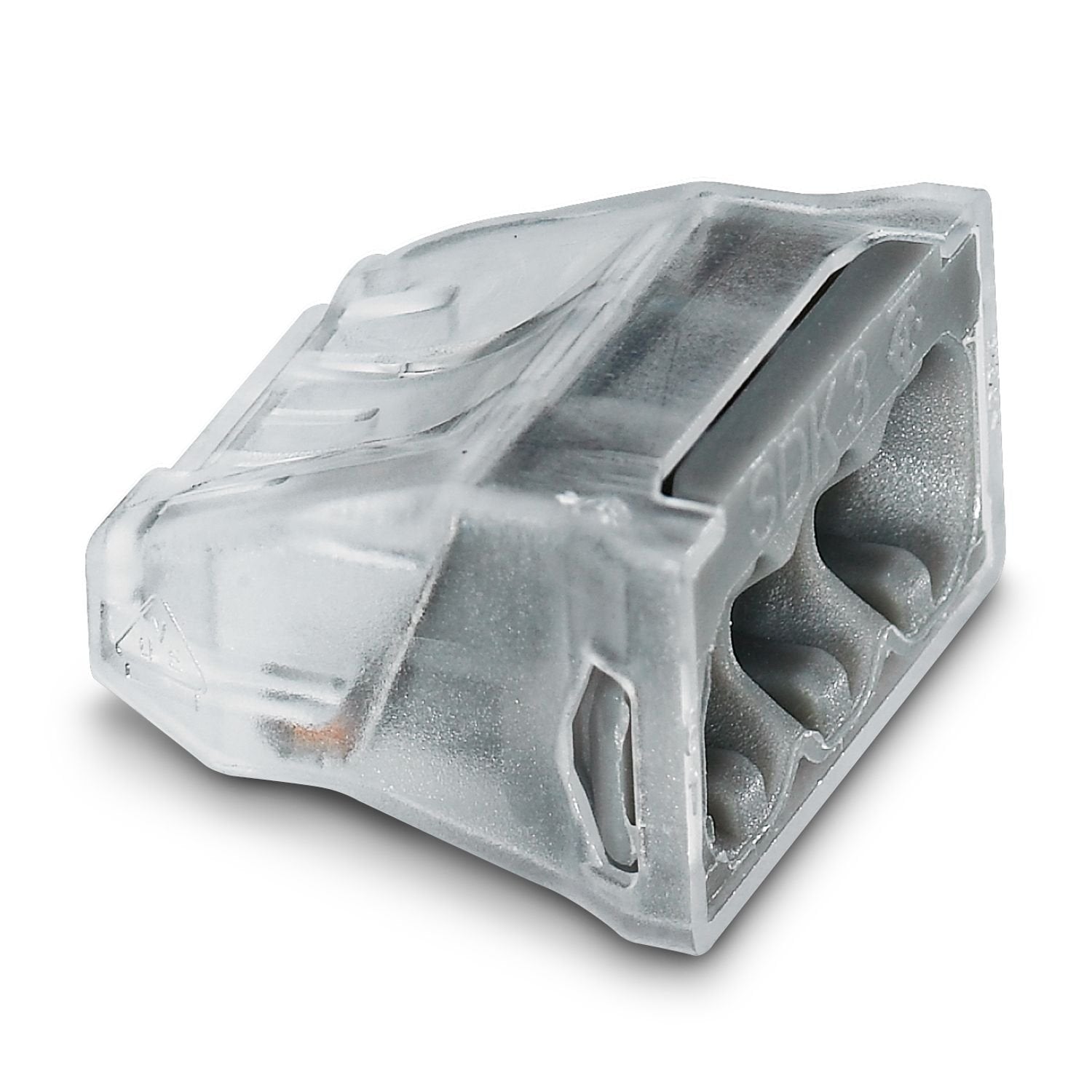 3-pos. socket terminal block with spring-cage connection, for toolless wiring with push-in connection method, for one and multi-strand conductors with a cross section of 0.5 to 2.5 mm 2 , insulation housing transparent.