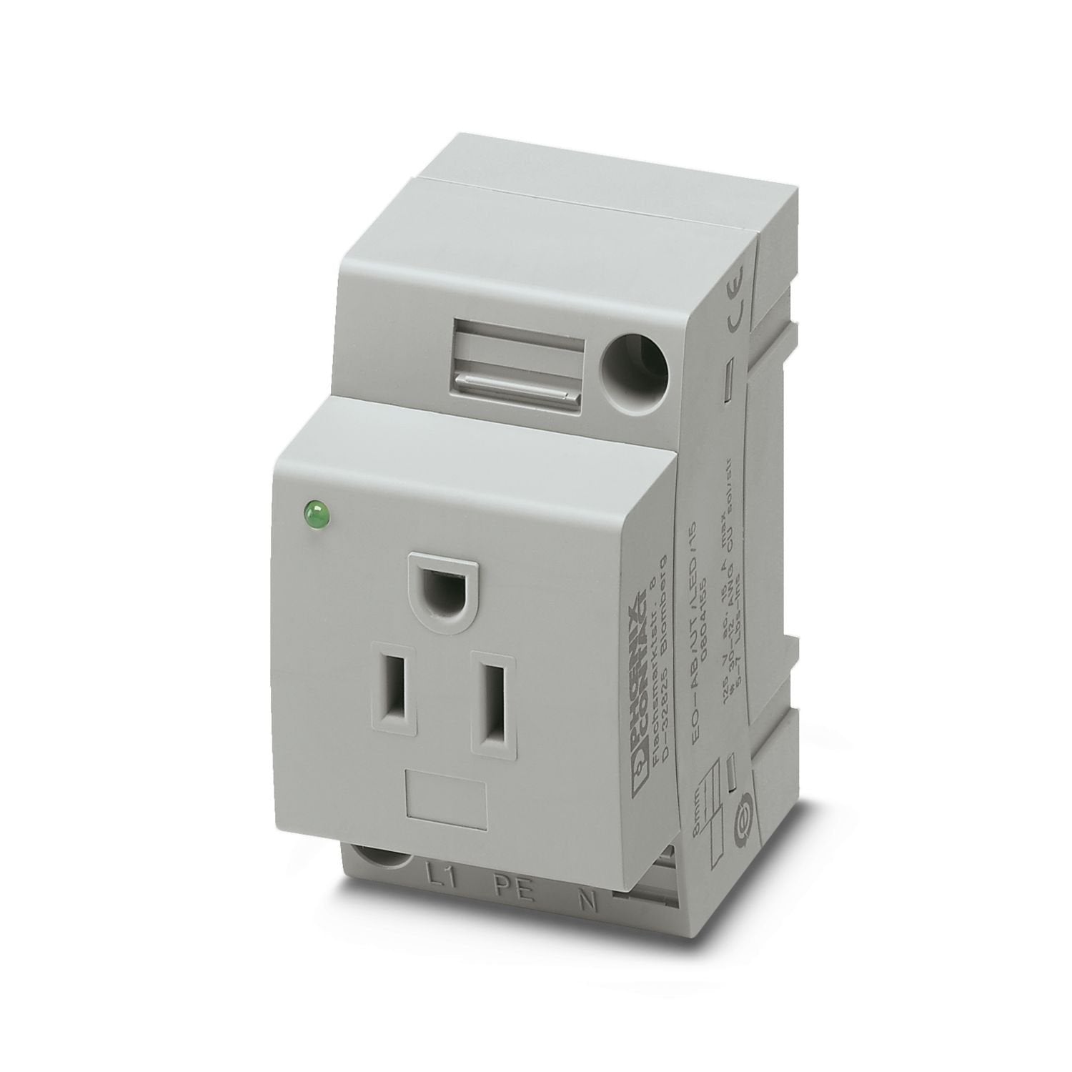 Socket, with light indicator, Pin connector pattern type AB 15A, connection method: Screw connection, color: gray, nom. voltage: 125 V AC (60 Hz), nominal current: 15 A, for mounting on a DIN rail in the service interface or direct mounting, standards/specifications: UL 508, IEC 60884-1, Country marking: USA, Canada