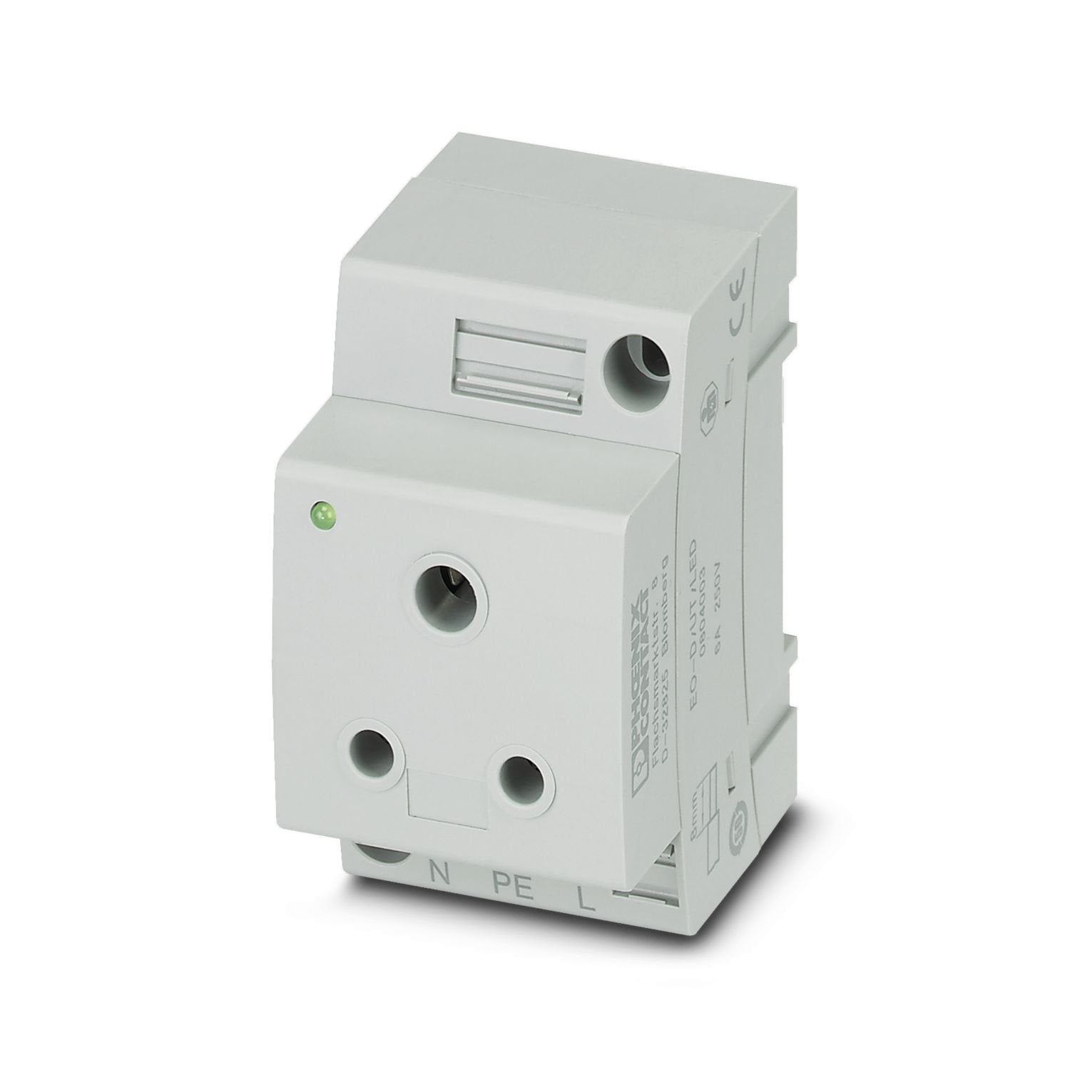 Socket, with light indicator, Type: D, connection method: Screw connection, color: gray, nom. voltage: 250 V AC (50 Hz), nominal current: 6 A, for mounting on a DIN rail in the service interface or direct mounting, Country marking: India / Africa