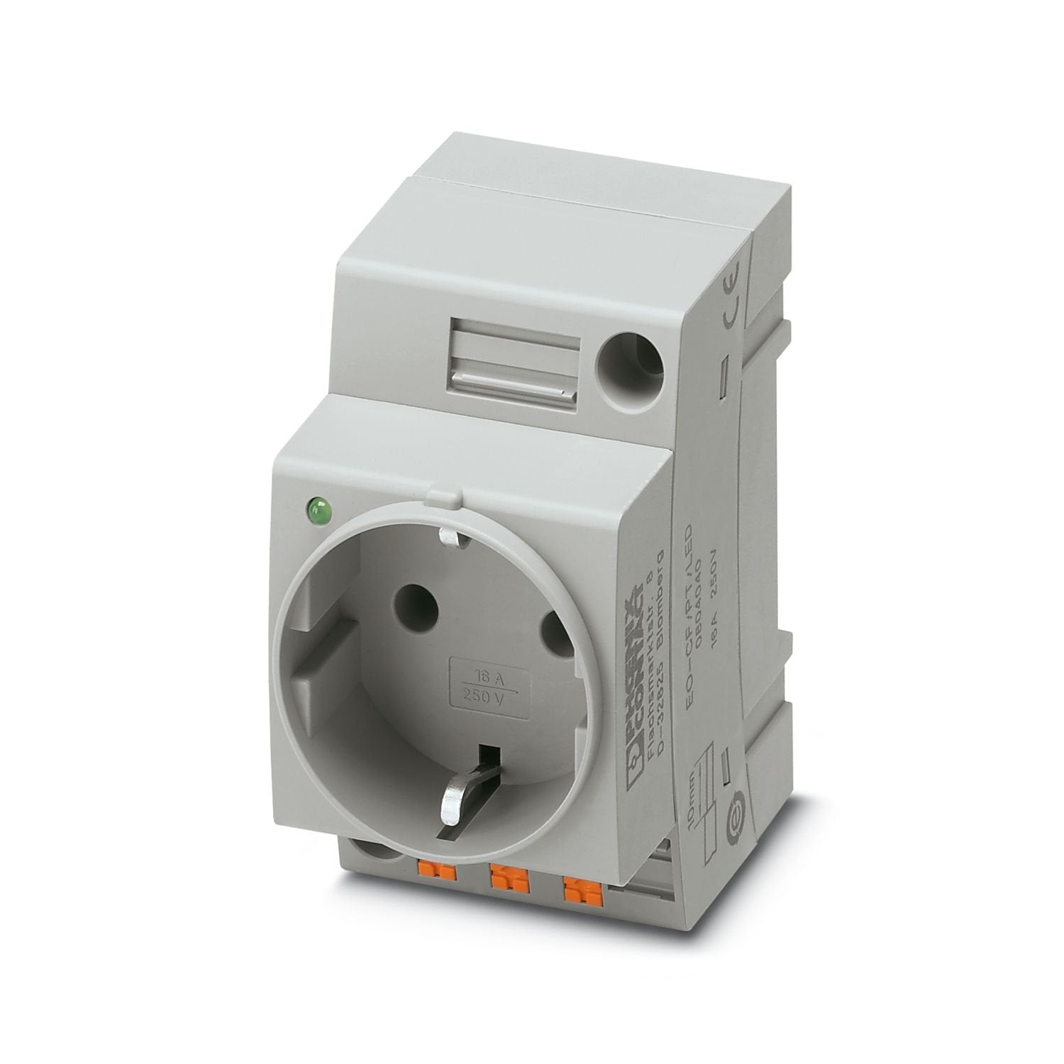 Socket, with light indicator, Pin connector pattern type CF, connection method: Push-in spring connection, color: gray, nom. voltage: 250 V AC (50 Hz), nominal current: 16 A, for mounting on a DIN rail in the service interface or direct mounting, standards/specifications: VDE 0620-1, IEC 60884-1, Country marking: Germany