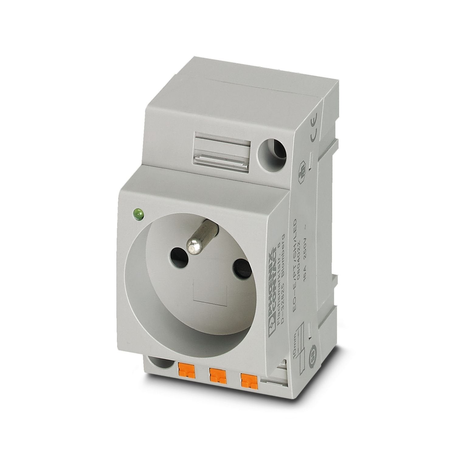 Socket, with extended touch protection/shutter, LED display, Pin connector pattern type E, connection method: Push-in spring connection, color: gray, nom. voltage: 250 V AC (50 Hz), nominal current: 16 A, for mounting on a DIN rail in the service interface or direct mounting, standards/specifications: NF C61-314, IEC 60884-1, Country marking: France