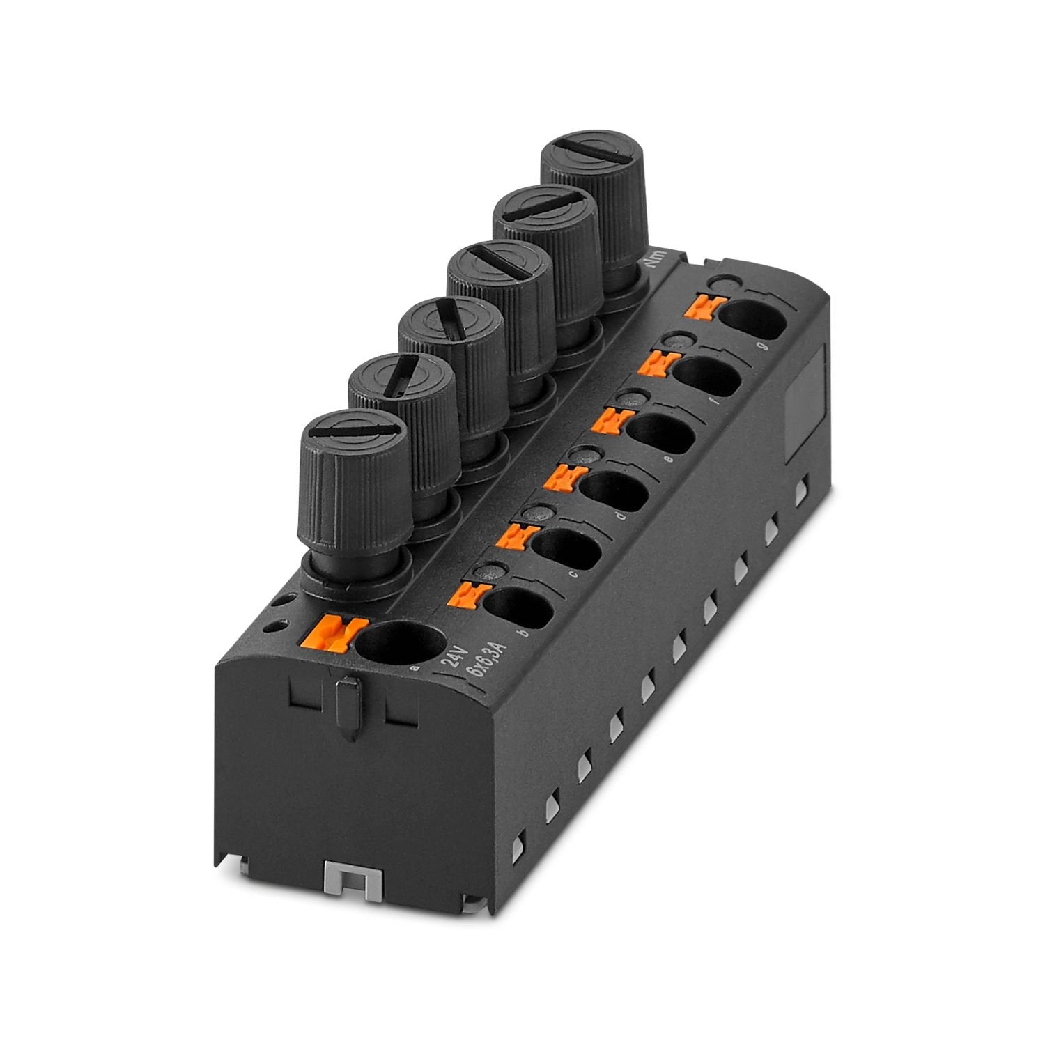 Function distribution block, fuse type: G / 5 x 20, nom. voltage: 24 V, nominal current: 6.3 A, connection method: Push-in connection, Load contact, Rated cross section: 4 mm 2 , cross section: 0.2 mm 2 - 6 mm 2 , connection method: Push-in connection, Line contact, Rated cross section: 16 mm 2 , cross section: 0.5 mm 2 - 16 mm 2 , mounting type: for snapping onto a DIN rail adapter, Direct mounting with flange, Free-hanging, color: black