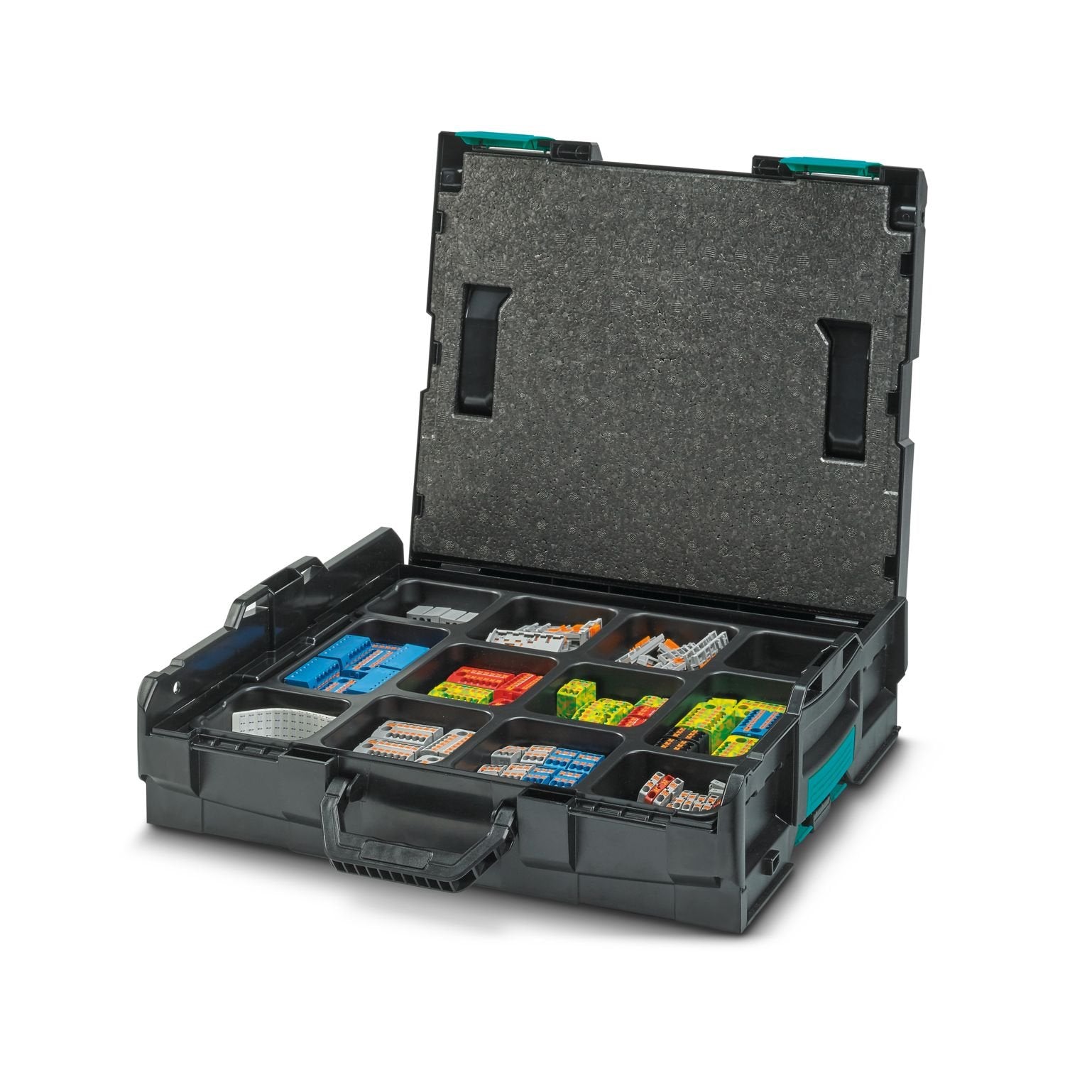 PTFIX set in a practical Sortimo L-BOXX 102 system case. 90 distribution blocks, including with feed-in contact (rated cross-section 6 mm 2 ) and pick-off contacts (rated cross-section 2.5 mm 2 ), 40 monoblocks (rated cross-section 2.5 mm 2 ), 60 DIN rail adapters, 20 screw flanges, jumpers, and marking material