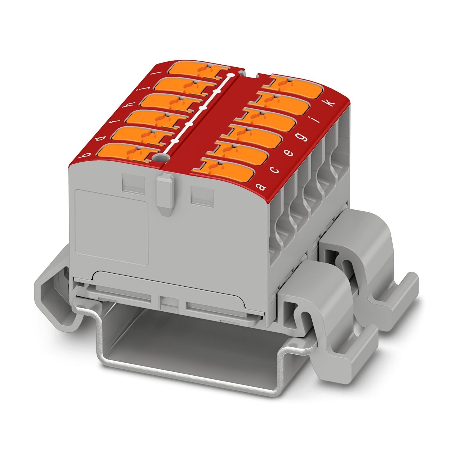 Distribution block, nom. voltage: 690 V, nominal current: 24 A, number of connections: 12, number of positions: 1, connection method: Push-in connection, Rated cross section: 2.5 mm 2 , cross section: 0.14 mm 2 - 4 mm 2 , mounting type: NS 35/7,5, NS 35/15, color: red