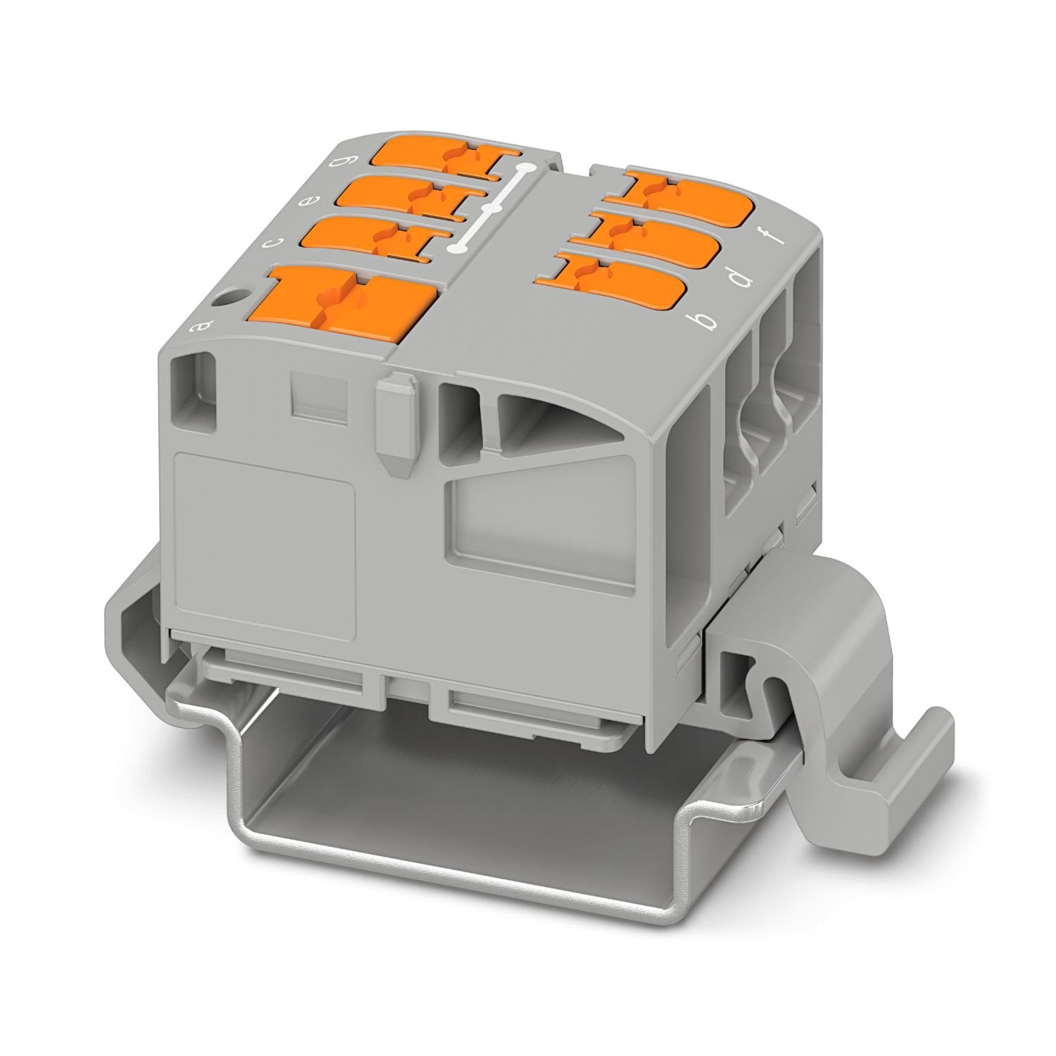 Distribution block, nom. voltage: 690 V, nominal current: 24 A, number of connections: 7, number of positions: 1, connection method: Push-in connection, Rated cross section: 2.5 mm 2 , Load contact, cross section: 0.14 mm 2 - 4 mm 2 , Line contact, Rated cross section: 6 mm 2 , cross section: 0.5 mm 2 - 10 mm 2 , mounting type: NS 35/7,5, NS 35/15, color: gray