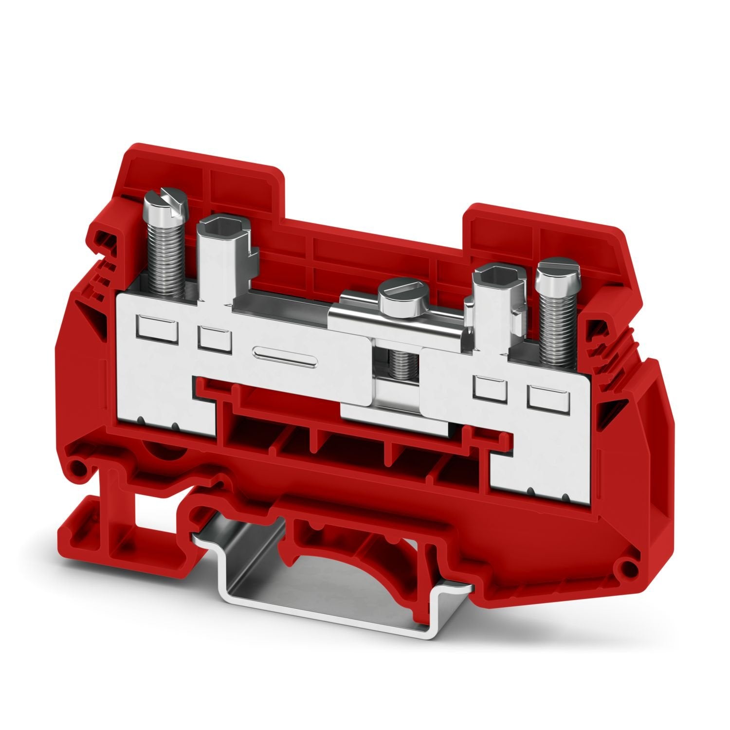 Test disconnect terminal block, with two test sockets for 4 mm test plugs, or for receiving bridge bars or screw bridges, nom. voltage: 400 V, nominal current: 41 A, connection method: Screw connection, Rated cross section: 6 mm 2 , cross section: 0.5 mm 2 - 10 mm 2 , mounting type: NS 35/7,5, NS 35/15, NS 32, color: red