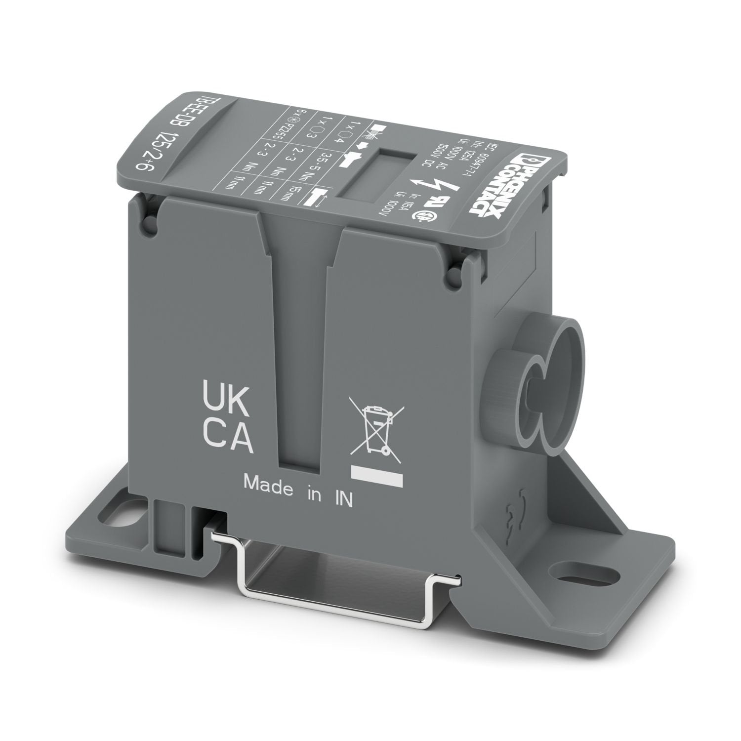 Distribution block, nom. voltage: 1000 V, nominal current: 125 A, number of connections: 8, number of positions: 1, connection method: Screw connection, Rated cross section: 35 mm 2 , Line contact, cross section: 10 mm 2 - 35 mm 2 , Screw connection, Load contact, cross section: 2.5 mm 2 - 16 mm 2 , mounting type: NS 35/7,5, NS 35/15, Direct mounting, color: dark gray