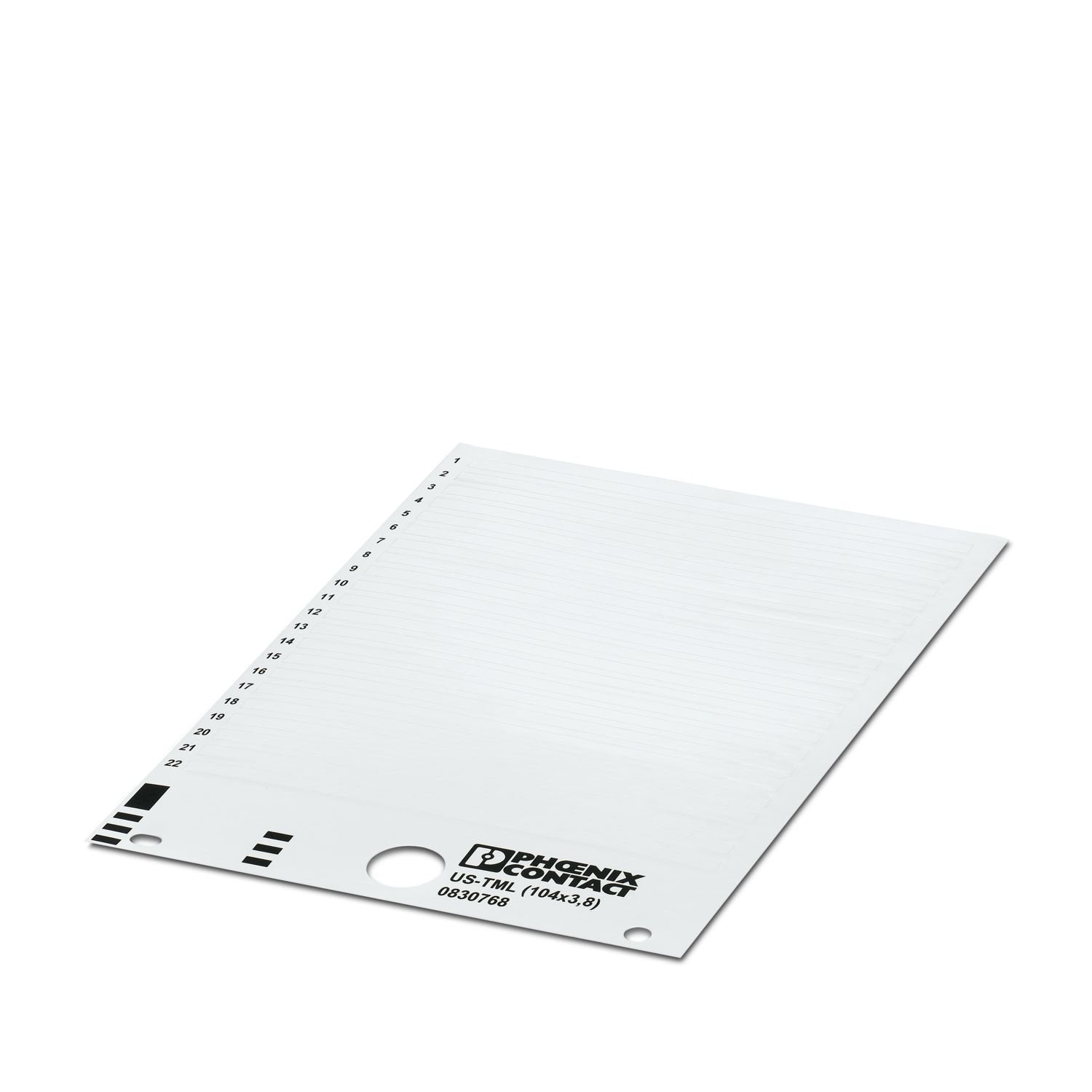 Marker for terminal blocks, Card, white, unmarked, can be labeled with: BLUEMARK ID COLOR, BLUEMARK ID, THERMOMARK PRIME, THERMOMARK CARD 2.0, THERMOMARK CARD, THERMOMARK PRIME 2.0, mounting type: adhesive, Number of individual labels: 22, text field height: 3.8 mm, text field width: 104 mm