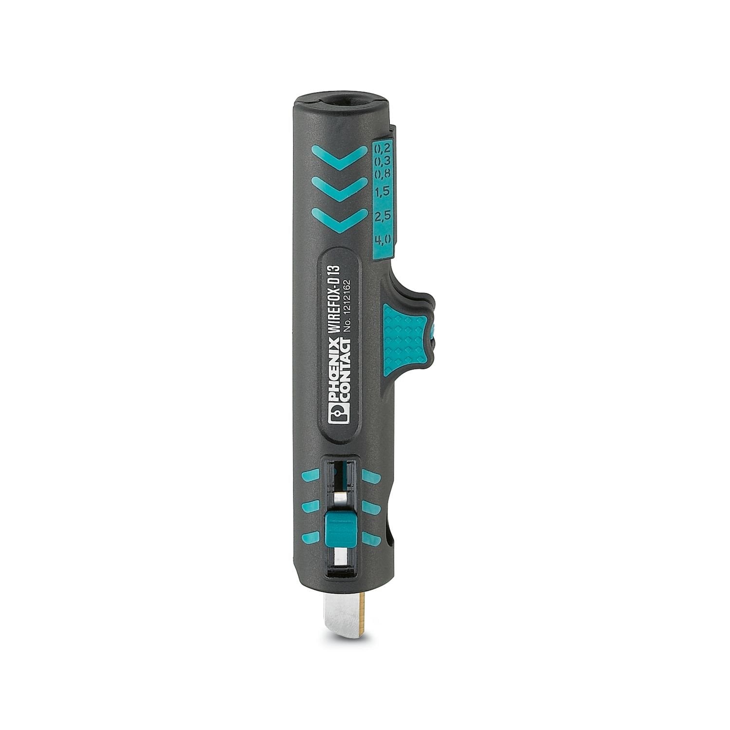 Stripping tool, for stripping installation lines of Ø 8 - 13 mm , e.g. NYM 3 x 1.5 mm 2 to 5 x 2.5 mm 2 , single line stripping 0.2 mm 2 - 4 mm 2 , with longitudinal cut blade and sliding knife