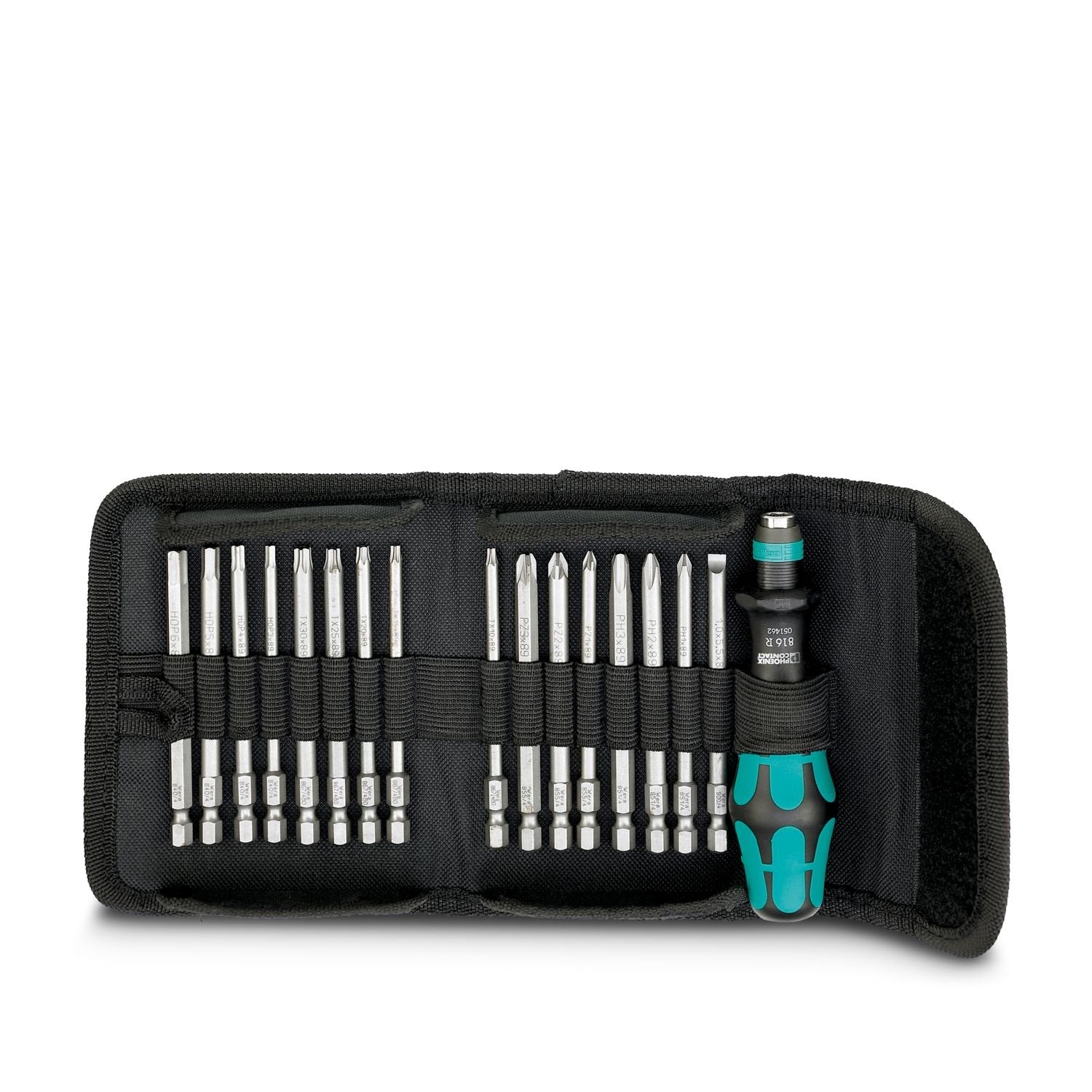Bit screwdriver set with quick-action chuck, 89 mm long slotted/crosshead (PZ and PH)/hex/Torx® bits, 17-part, in folding belt pouch, contents: PH 1,2,3 x 89; PZ 1,2,3 x 89; SL 1.5 x 5.5 x 89; TX 10-30 x 89; SW 3,4,5,6 x 89