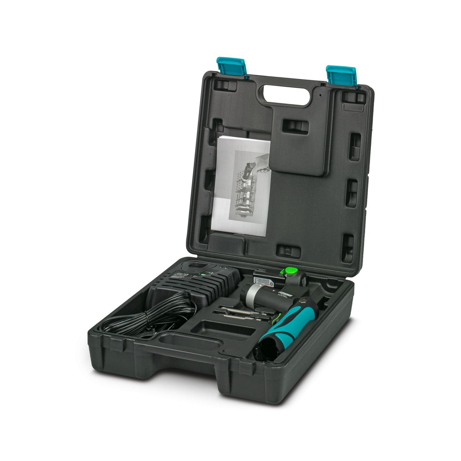 Cordless screwdriver in case, incl. battery, charging device 100 ... 240 V, 2 bits, two-speed gearbox, forward/reverse running and 16-stage clutch up to 450 rpm, hexagonal fast connection.
