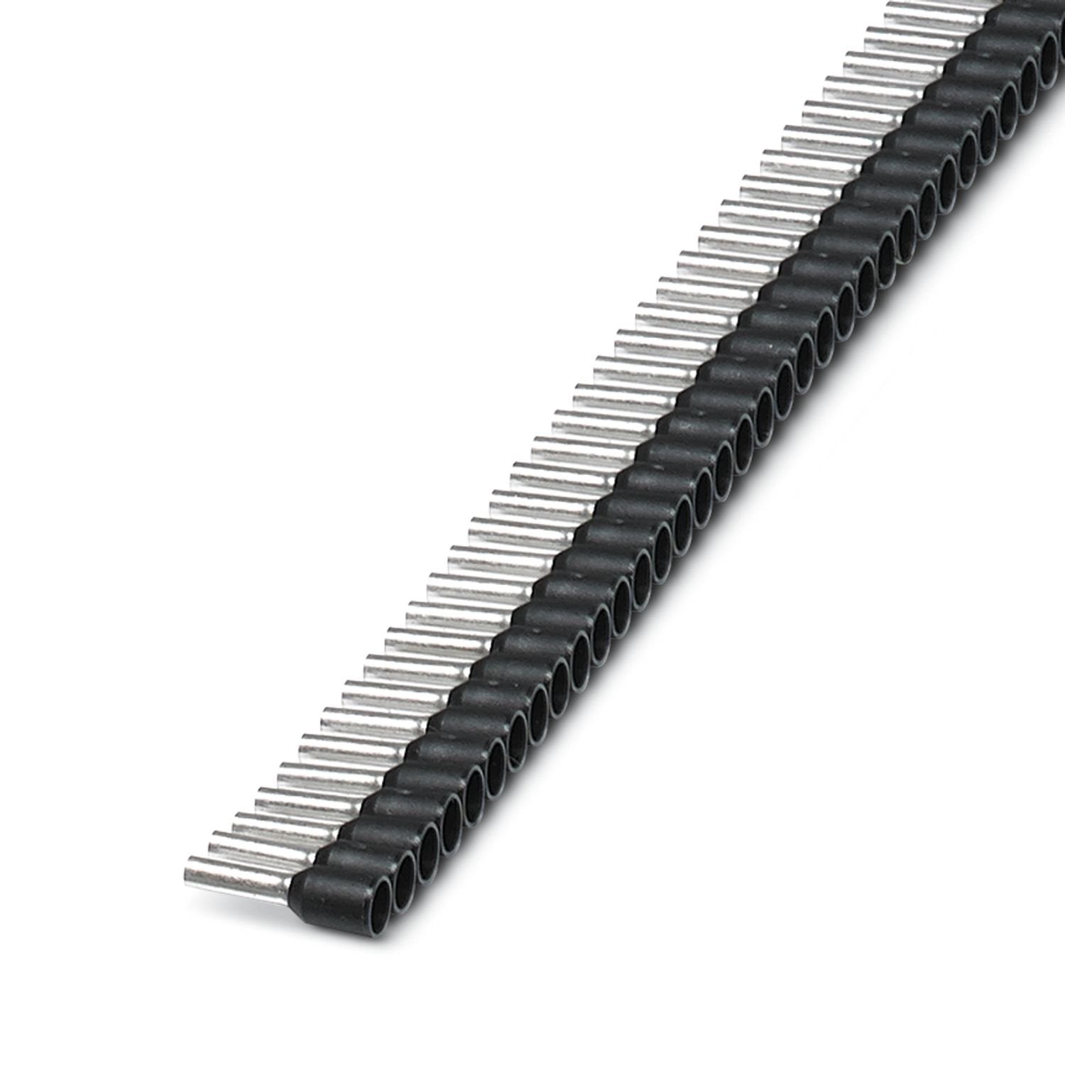 Taped ferrules, 1.5 mm 2 , sleeve length 8 mm, with plastic collar, according to DIN 46228-4, black, for processing with the CRIMPFOX 4 IN 1, 10 strips each with 50 sleeves per strip.