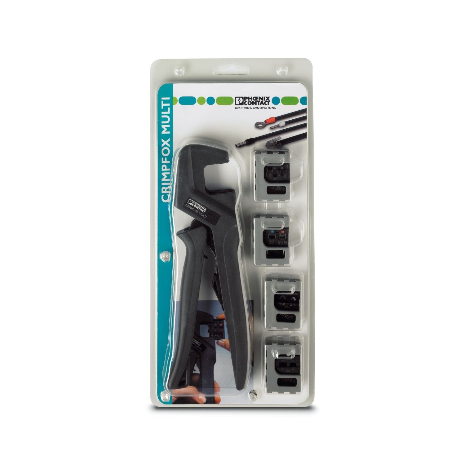 Crimping pliers set, consisting of CRIMPFOX-M (pliers) and dies for insulated cable lugs 0.5 ... 2.5 mm 2 (1212074), non-insulated conduit lugs 0.5 ... 6 mm 2 (1212079) and ferrules 0.25 ... 10 mm 2 (1212080) and 16/25 mm 2 (1212081).