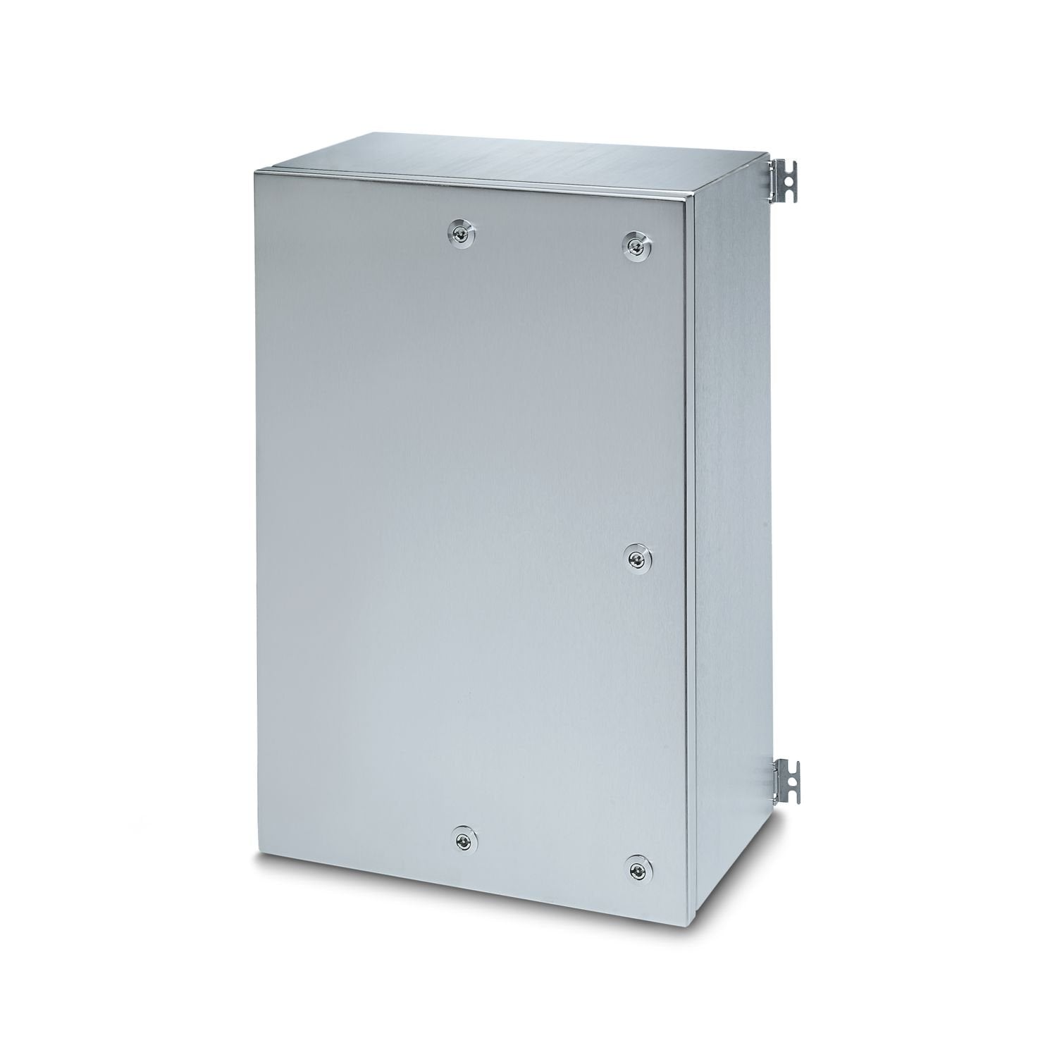 Empty enclosure, material: Stainless steel, 316L/1.4404, surface resistance: brushed, silver-colored, 600 mm x 600 mm x 300 mm, type of locking: Door with replaceable hinge, scope of supply - ATD: Door hinge with quarter turn locking, Mounting panel, Double-bit key, Fixing angle with mounting screws, M12 grounding bolts, affixed externally, Installation notes, Door hinge with quarter turn locking