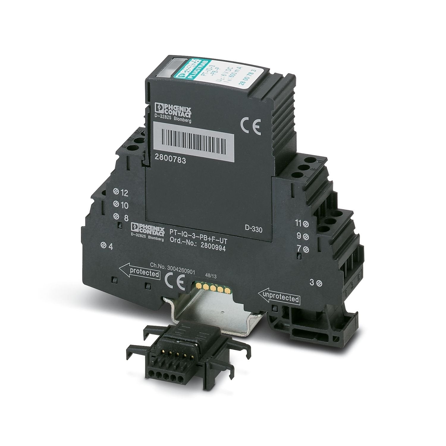 Surge protection, consisting of protective plug and base element, with integrated multi-stage status indicator on the module for three signal wires with common reference potential. Indirect grounding via gas discharge tube. For HF applications and telecommunications interfaces without supply voltage (up to 90 Mbps). Can be used in safety-related circuits up to SIL 3.