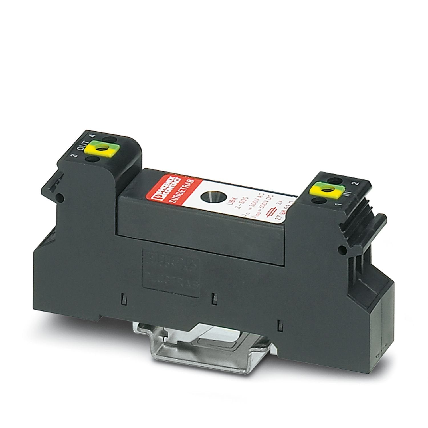 DIN rail module with coarse surge protection for two signal wires. Self-contacting grounding foot for mounting on NS 32 or NS 35/7.5, housing width: 17.5 mm. Design: 500 V AC