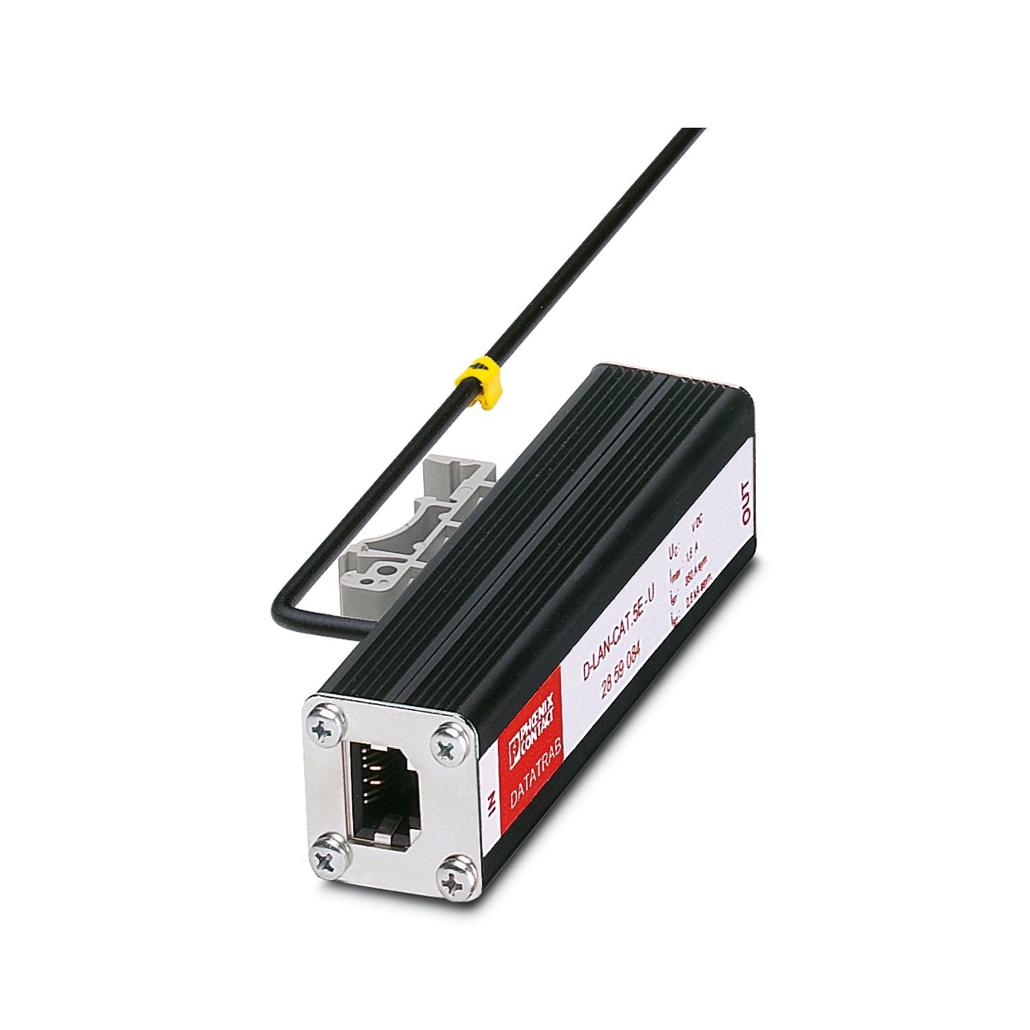 Fine surge protection in accordance with Class D (CAT.5e), for token ring and Ethernet. RJ45 attachment plug with separate grounding cable and snap-on foot for NS 35/7.5 DIN rails