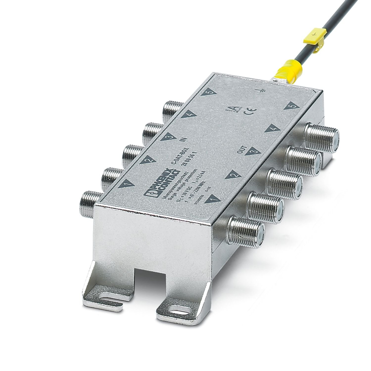 Surge protection for antenna distributors in satellite systems. IN and OUT via F connectors, 5 channels for signals from SAT systems and terrestrial antennas, ground connection on the outside of the housing.