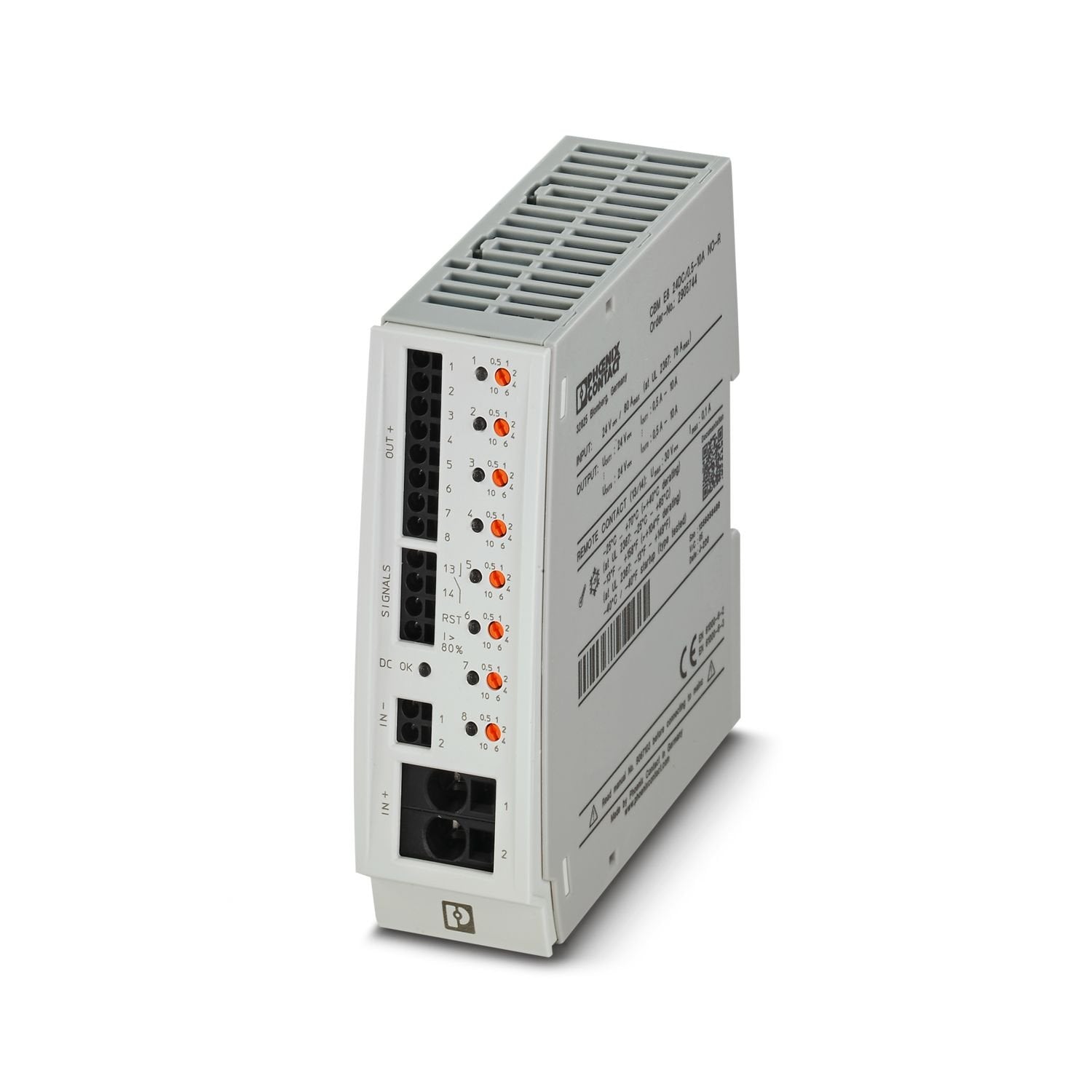 Multi-channel, electronic circuit breaker with active current limitation for protecting eight loads at 24 V DC in the event of overload and short circuit. With nominal current assistant and electronic locking of the set nominal currents. For installation on DIN rails.