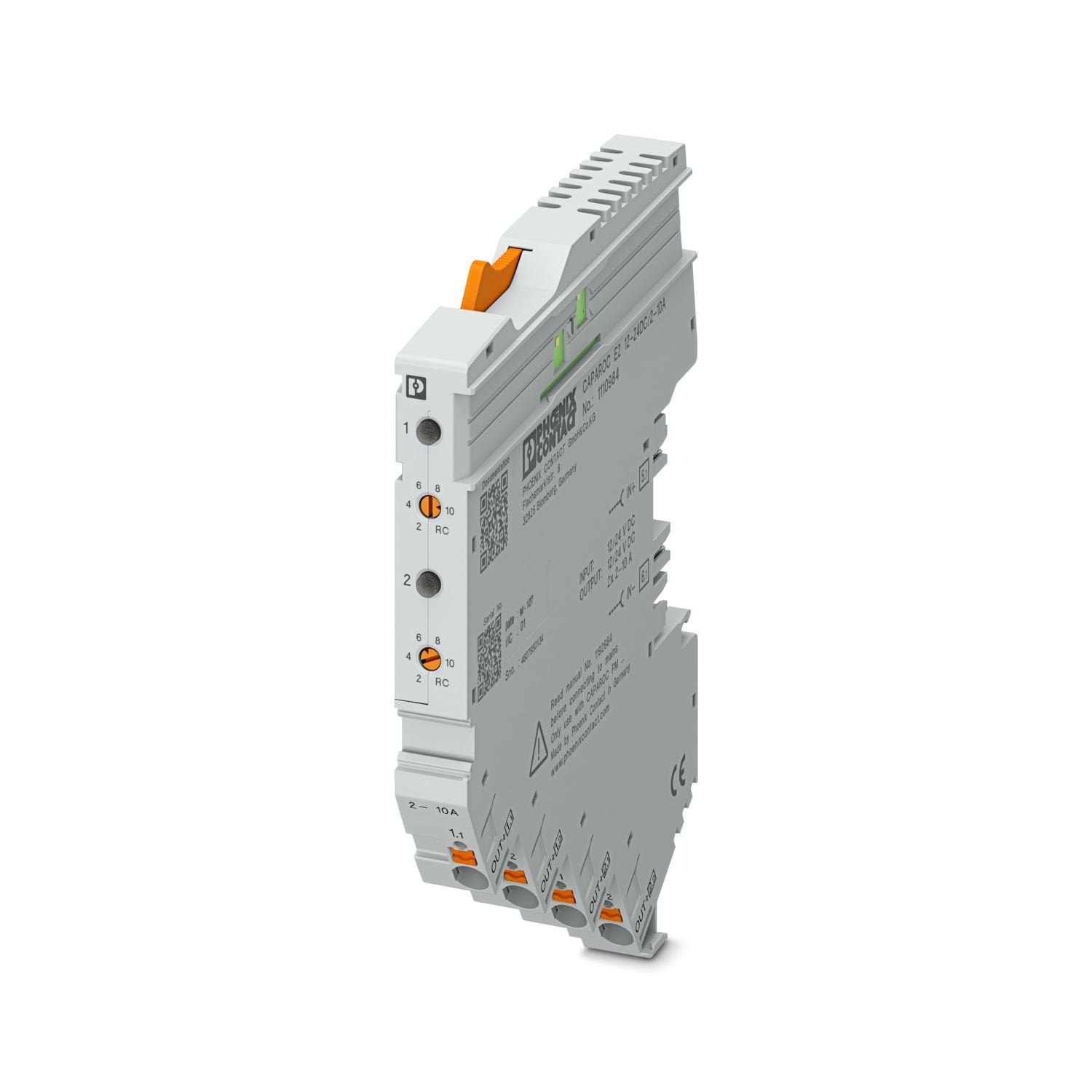 2-channel electronic circuit breaker module for protecting loads at 12 and 24 V DC against overload and short circuit with current limit. Nominal current adjustable from 2 A to 10 A using step switch. For DIN rail installation via the CAPAROC current rails.