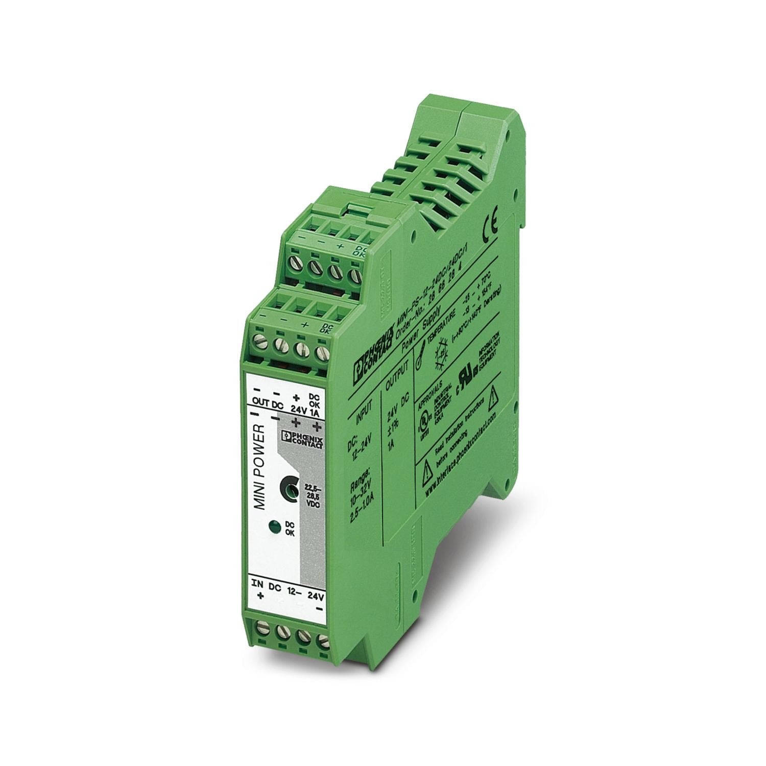 Please use the following items in new systems: 1066703, 1066716, 1066718, 1066714. Primary-switched MINI DC/DC converter for DIN rail mounting, input: 12 - 24 V DC, output: 24 V DC/1 A